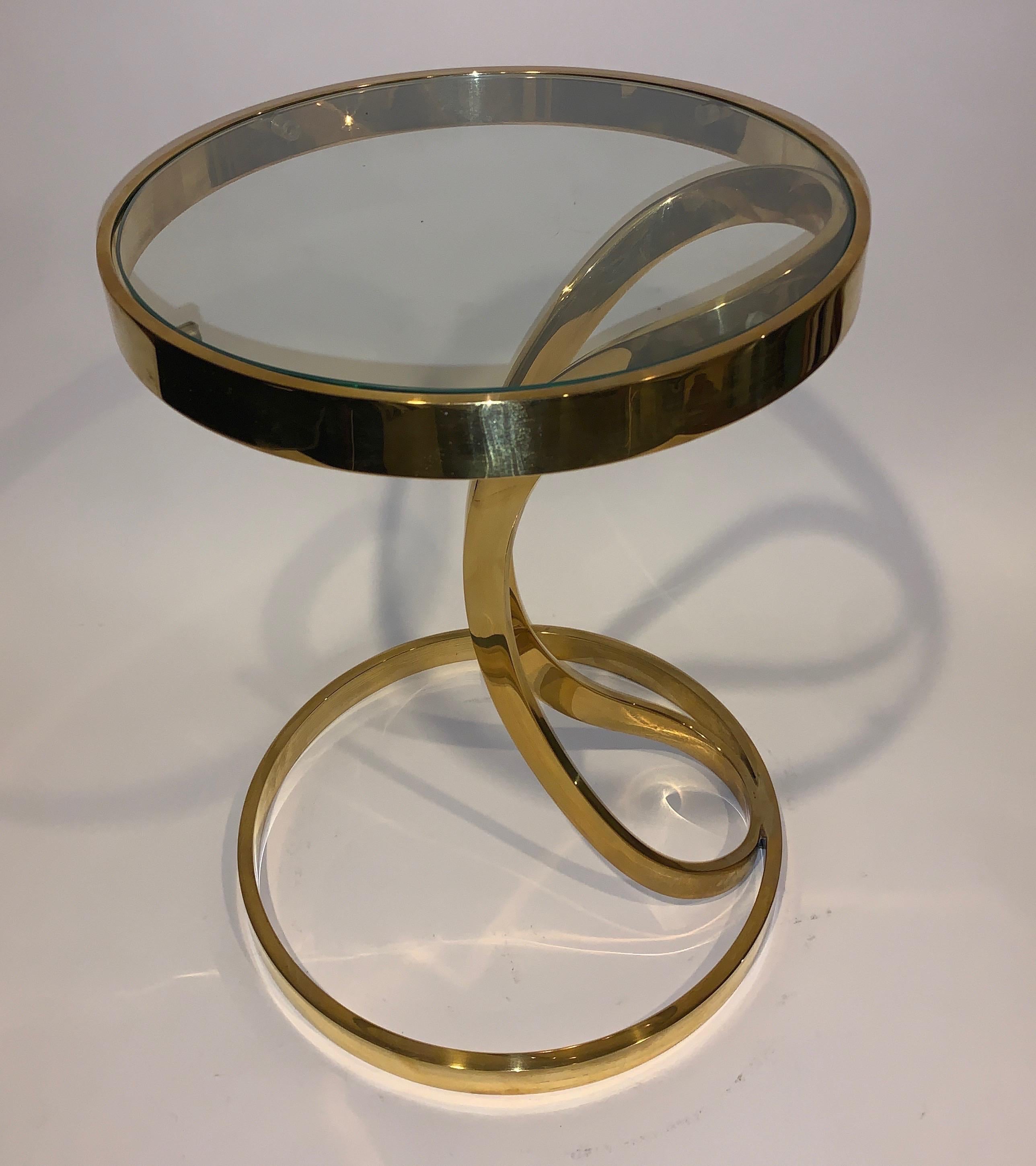 Italian midcentury brass side table. Glass top inserts from top. Great form and design.