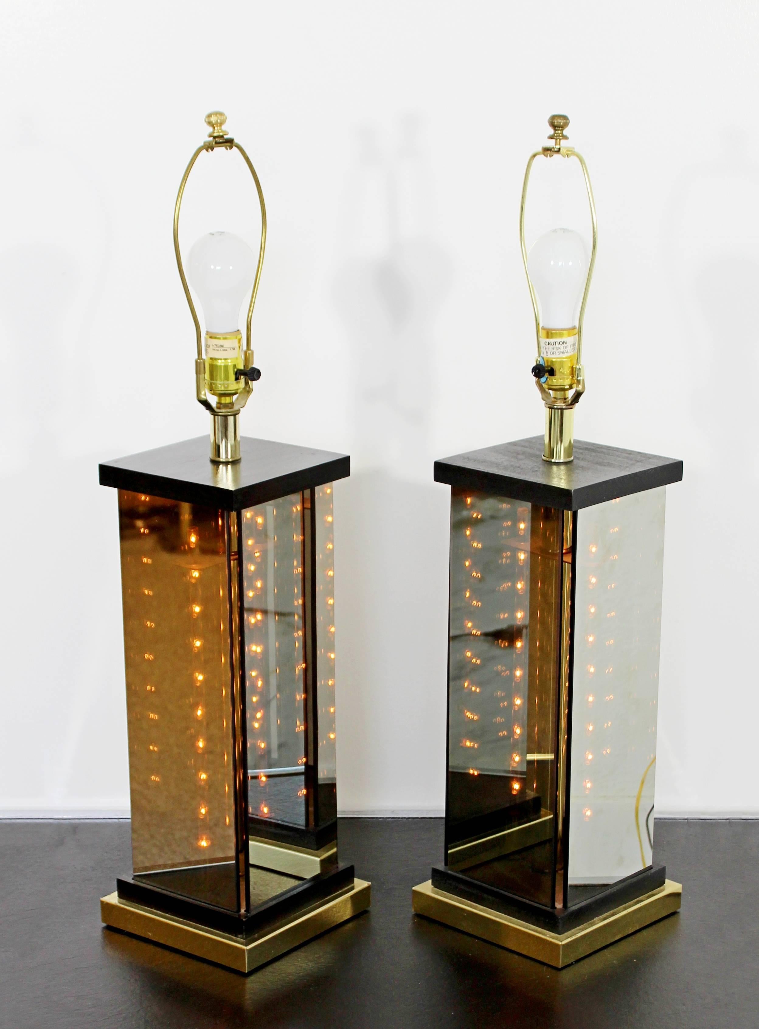 Mid-Century Modern Italian Brass Smoked Glass Liteline Table Lamps, 1970s In Good Condition In Keego Harbor, MI