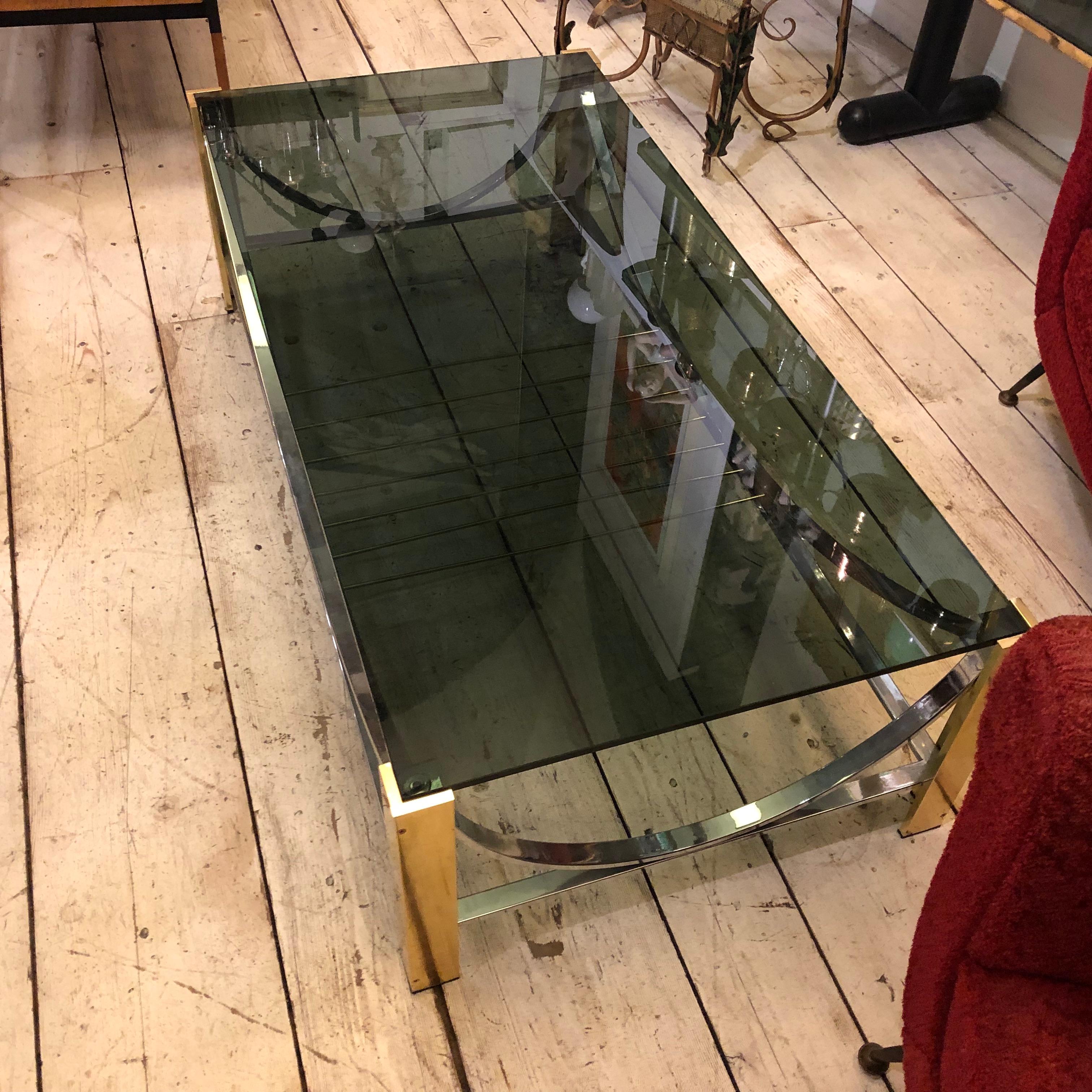1970s Mid-Century Modern Brass, Steel and Smoked Glass Italian Coffee Table For Sale 6