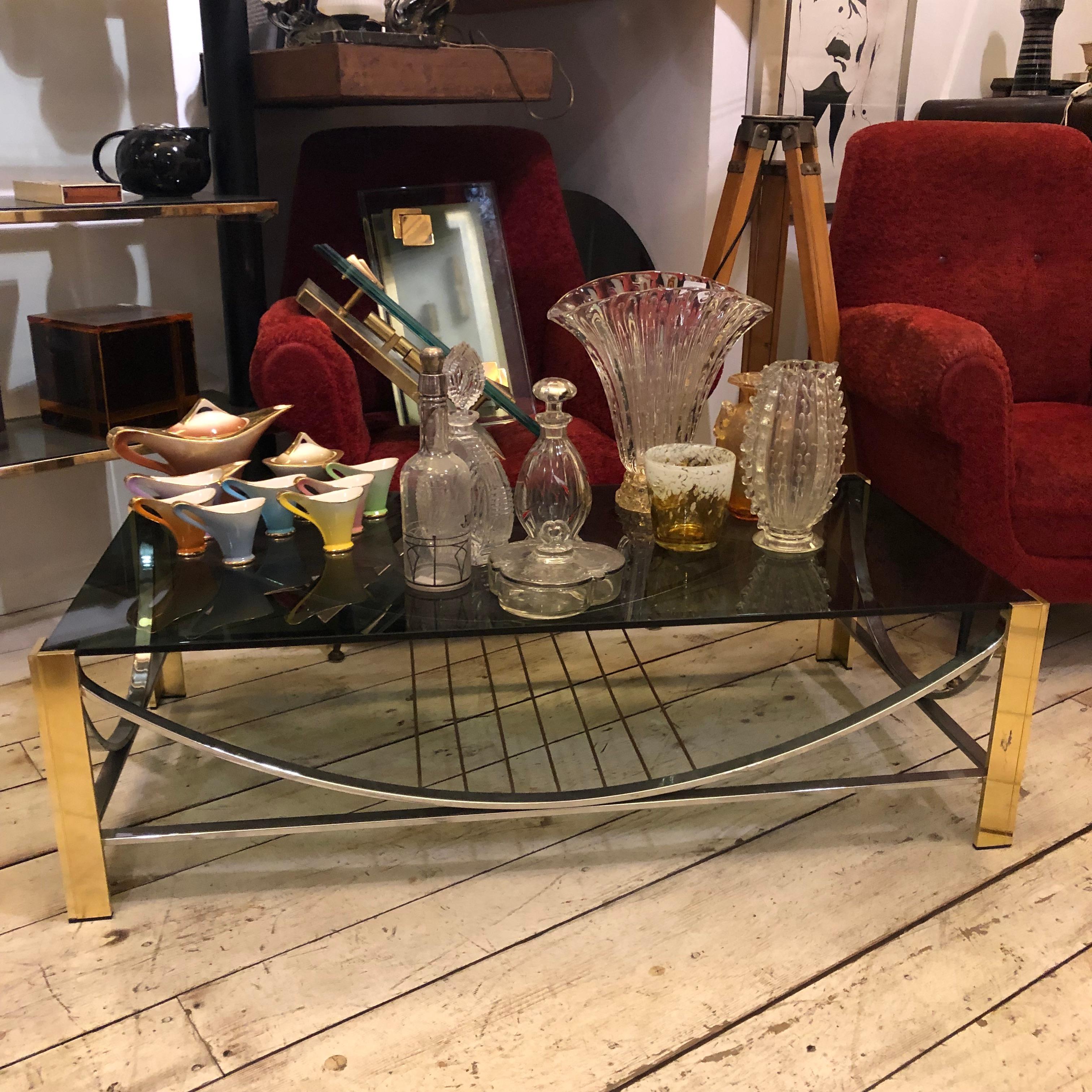 1970s Mid-Century Modern Brass, Steel and Smoked Glass Italian Coffee Table For Sale 7