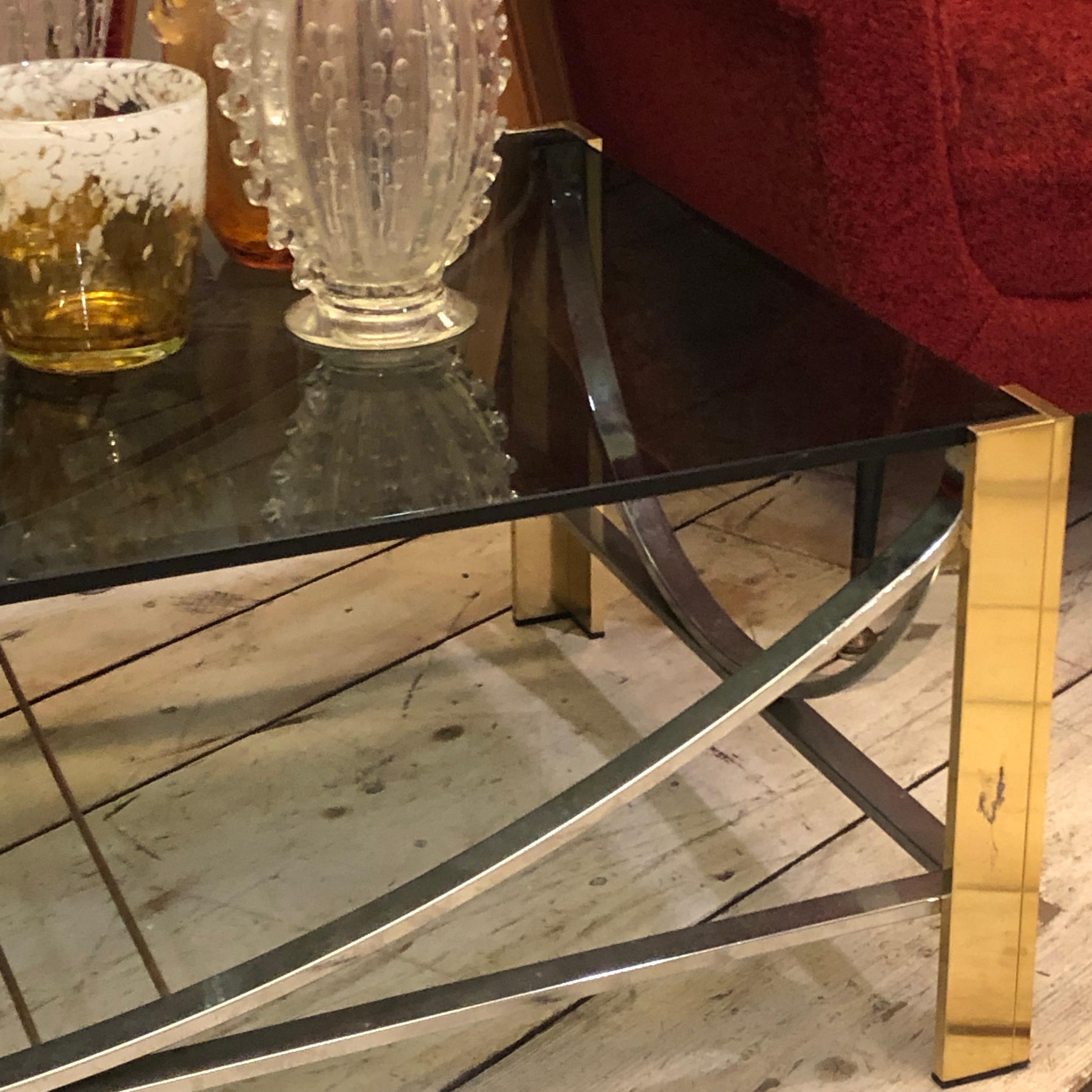 20th Century 1970s Mid-Century Modern Brass, Steel and Smoked Glass Italian Coffee Table For Sale
