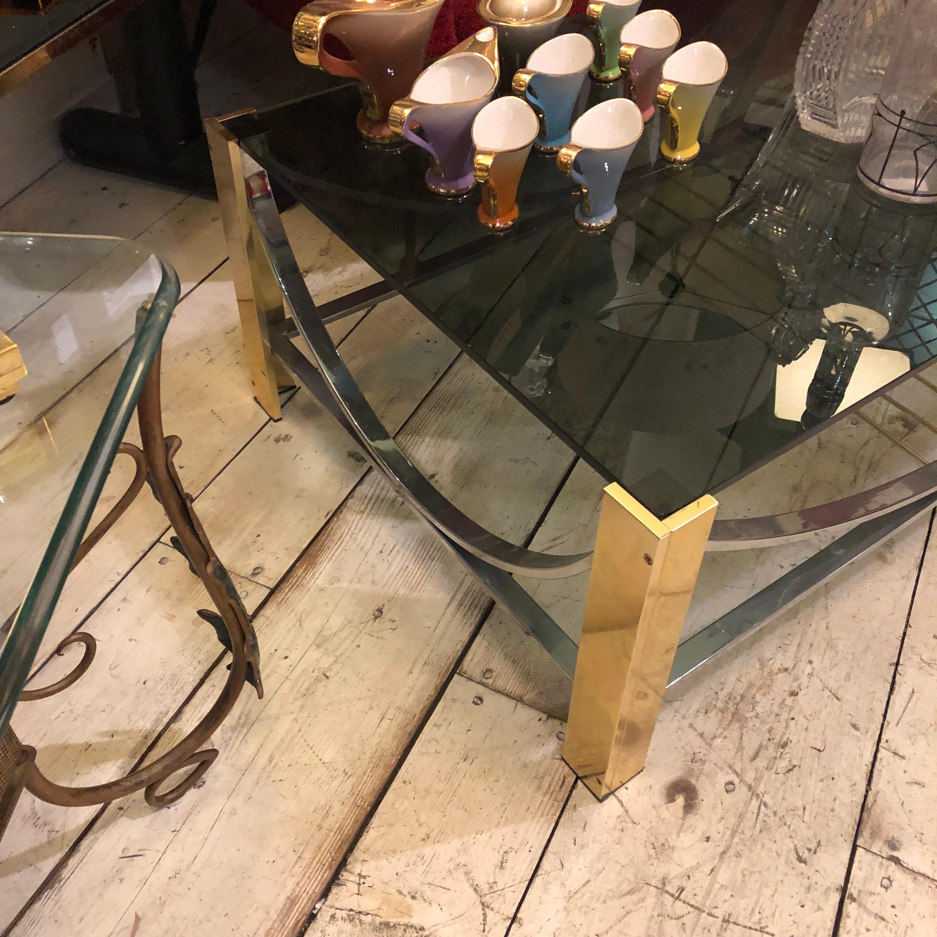 1970s Mid-Century Modern Brass, Steel and Smoked Glass Italian Coffee Table For Sale 1