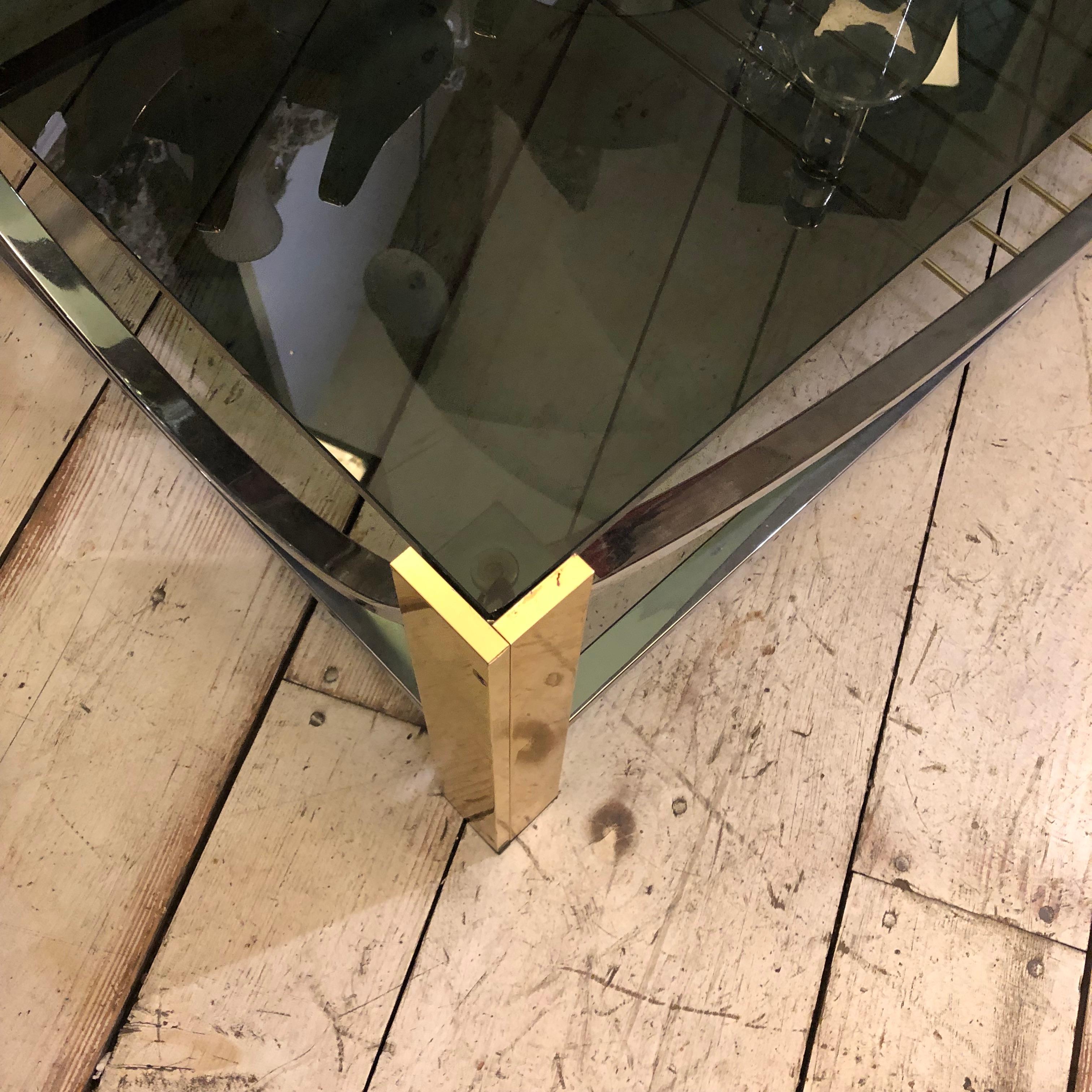 1970s Mid-Century Modern Brass, Steel and Smoked Glass Italian Coffee Table For Sale 3