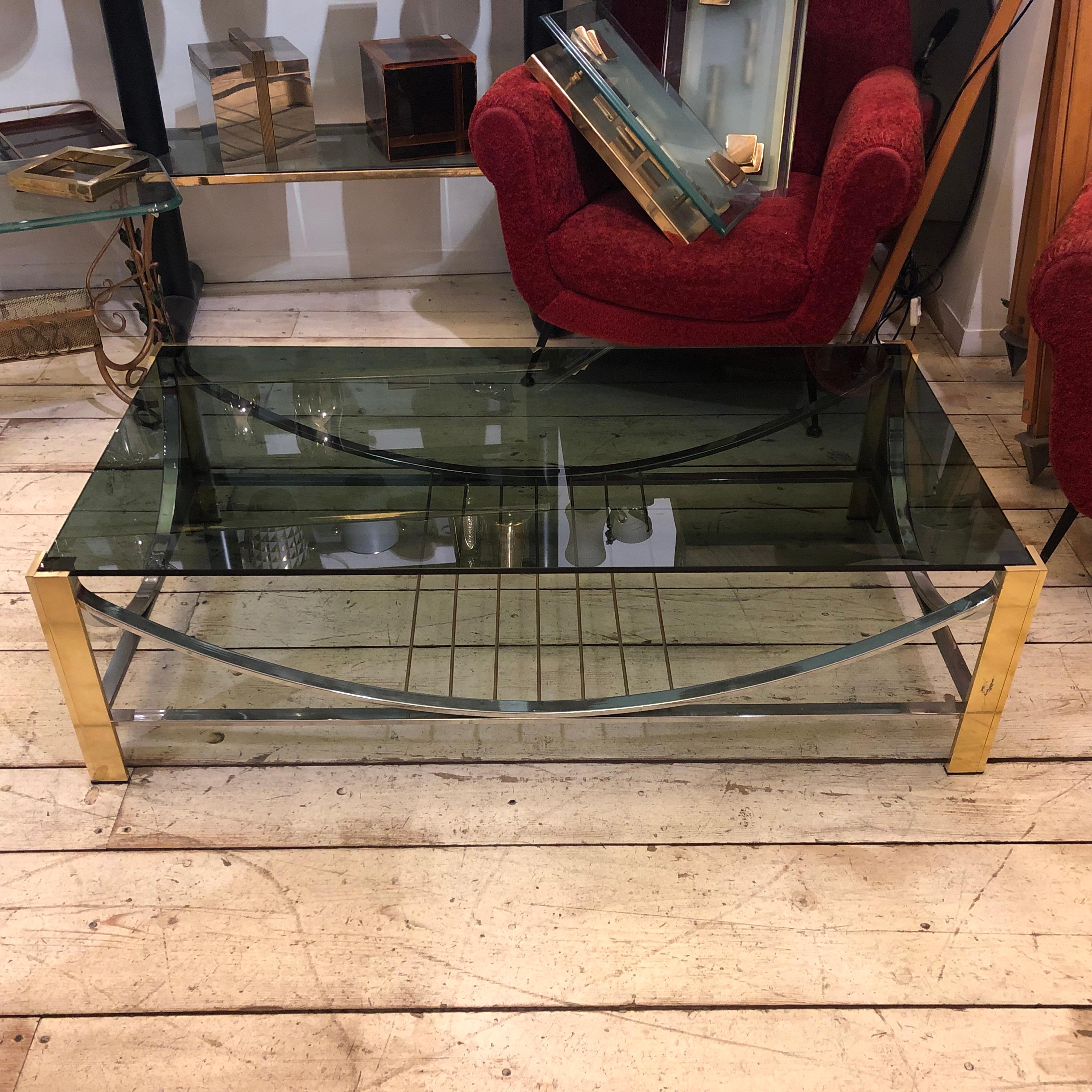1970s Mid-Century Modern Brass, Steel and Smoked Glass Italian Coffee Table For Sale 4