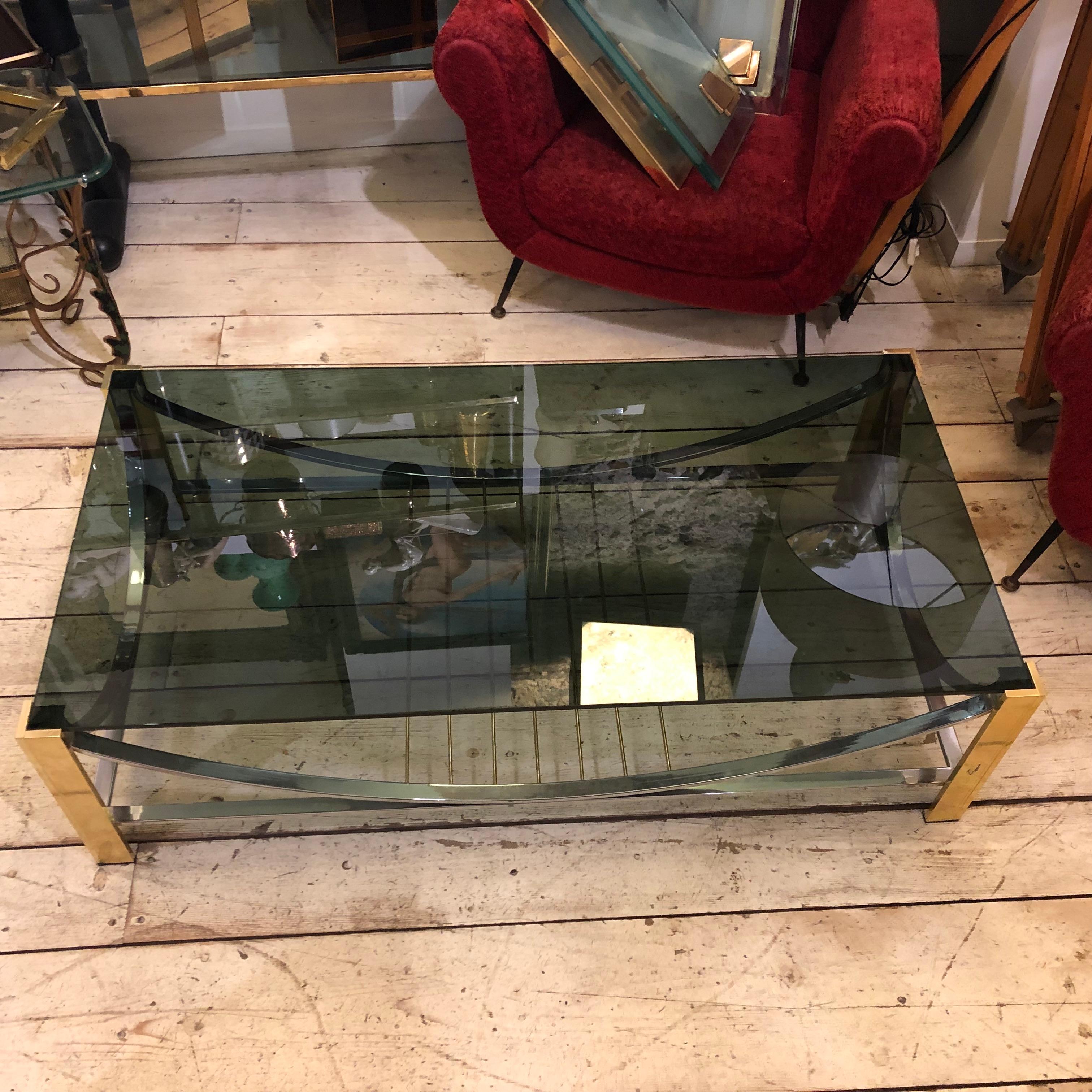1970s Mid-Century Modern Brass, Steel and Smoked Glass Italian Coffee Table For Sale 4