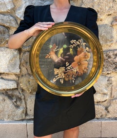 Mid Century Modern Italian Brass Tray Pressed Flowers Glass 1970s