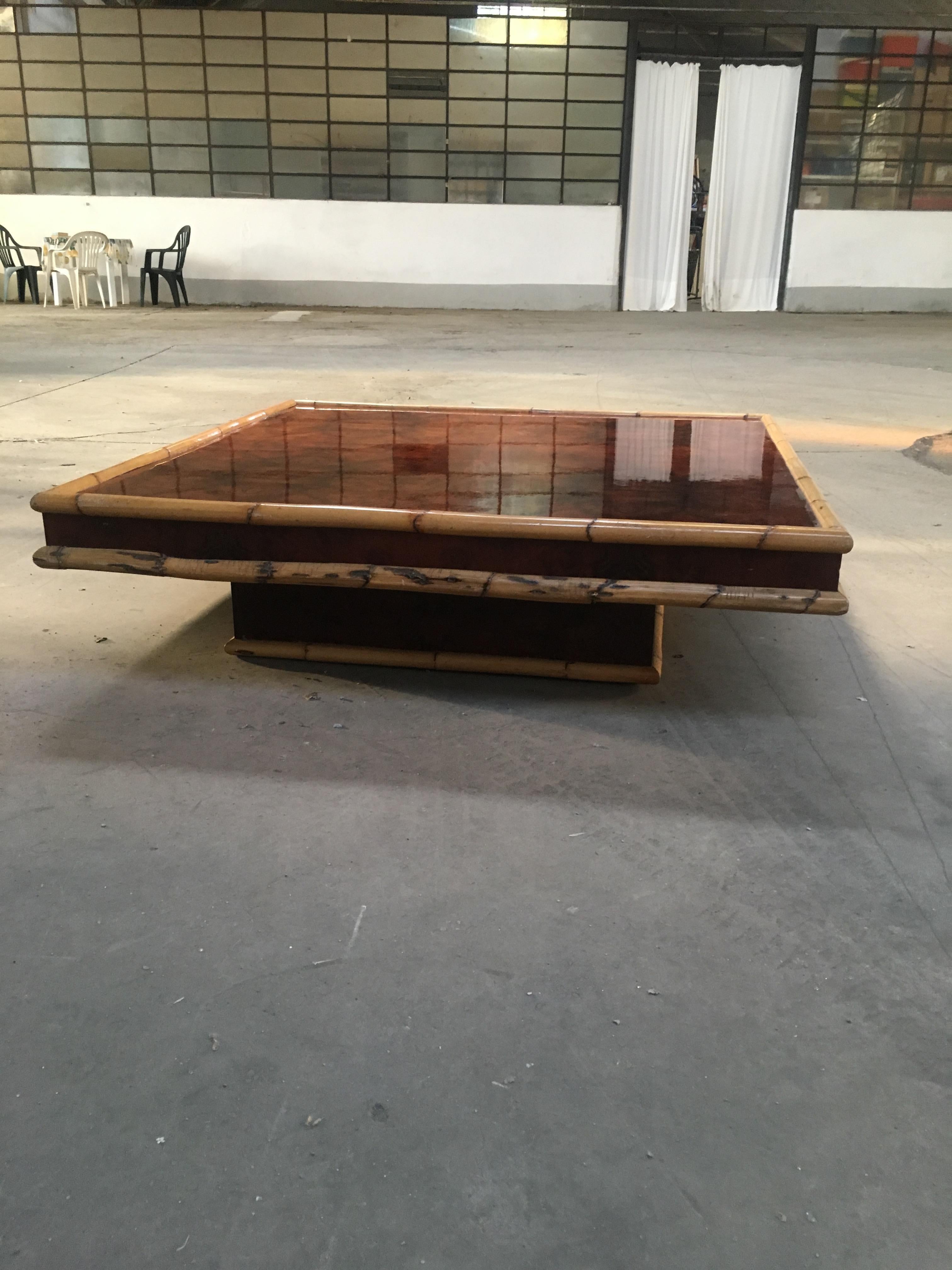 Mid-Century Modern Italian briar-root coffee table with bamboo contour frame.