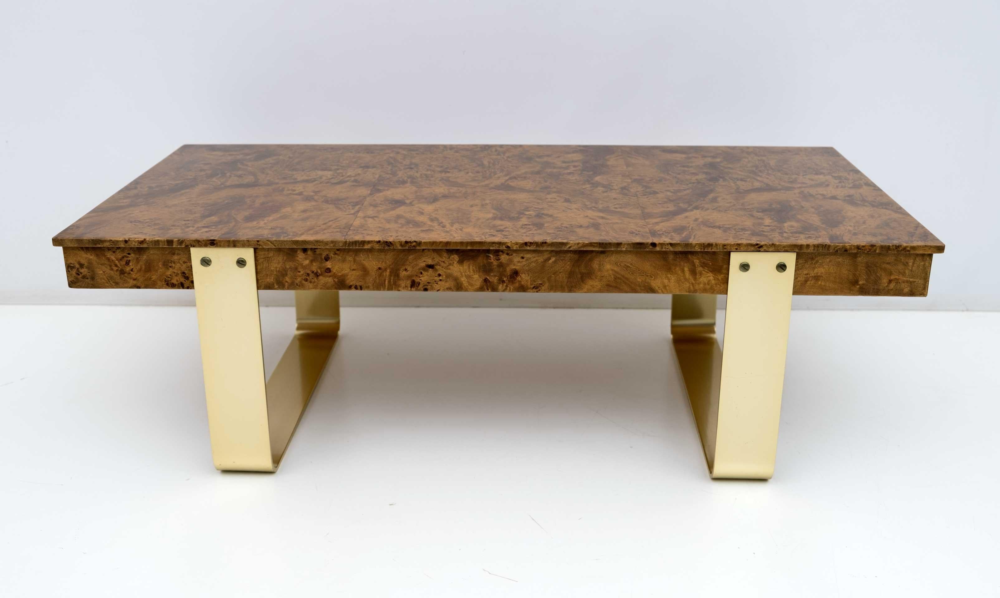 Late 20th Century Mid-Century Modern Italian Briar Walnut and Brass Coffee Table, 1970s For Sale
