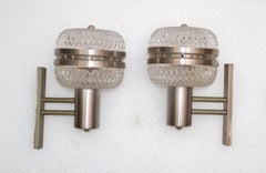 Mid-Century Modern Italian Brushed Stainless Steel & Cut Glass Sconces, Pair