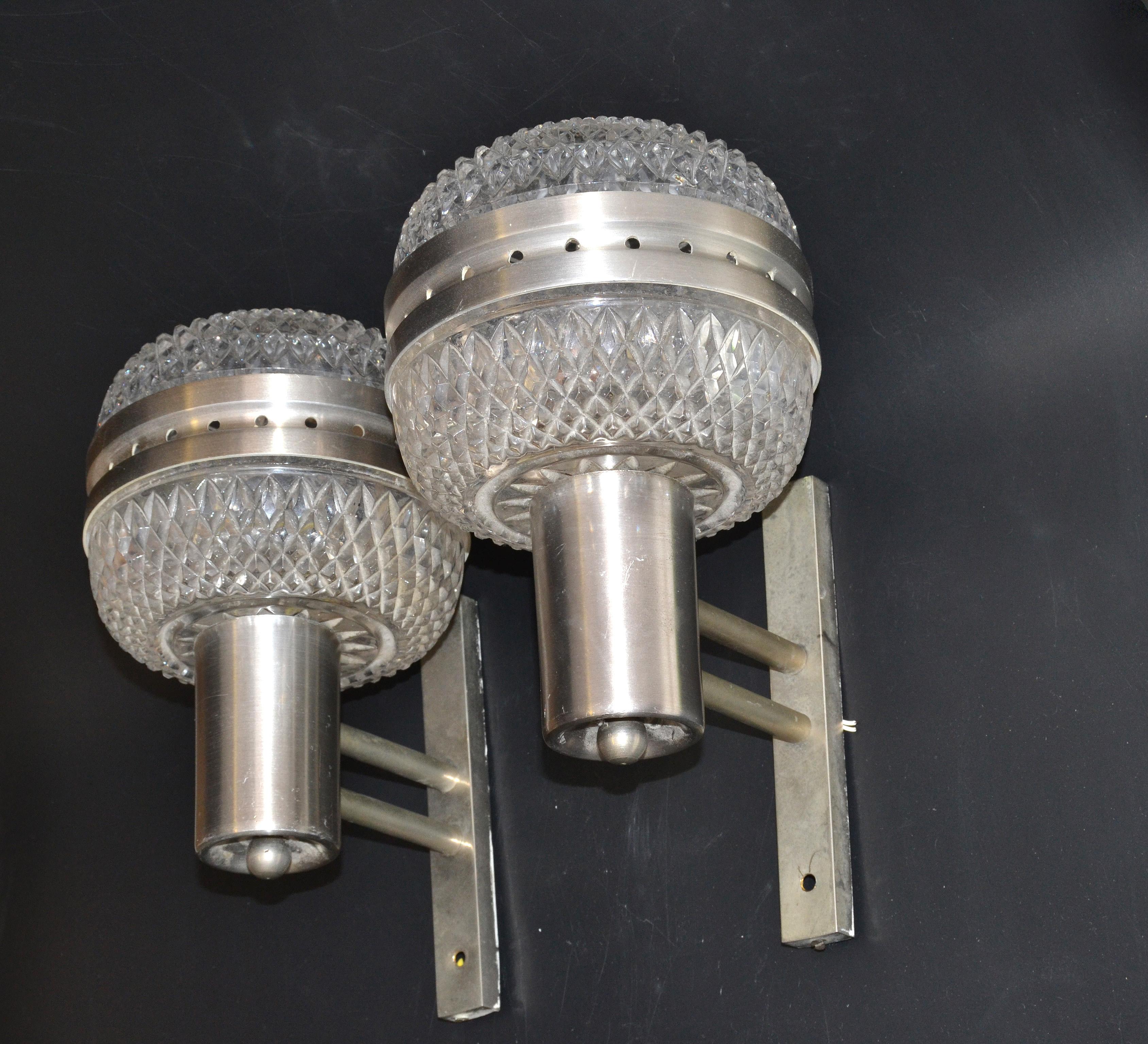 20th Century Mid-Century Modern Italian Brushed Stainless Steel & Cut Glass Sconces, Pair For Sale