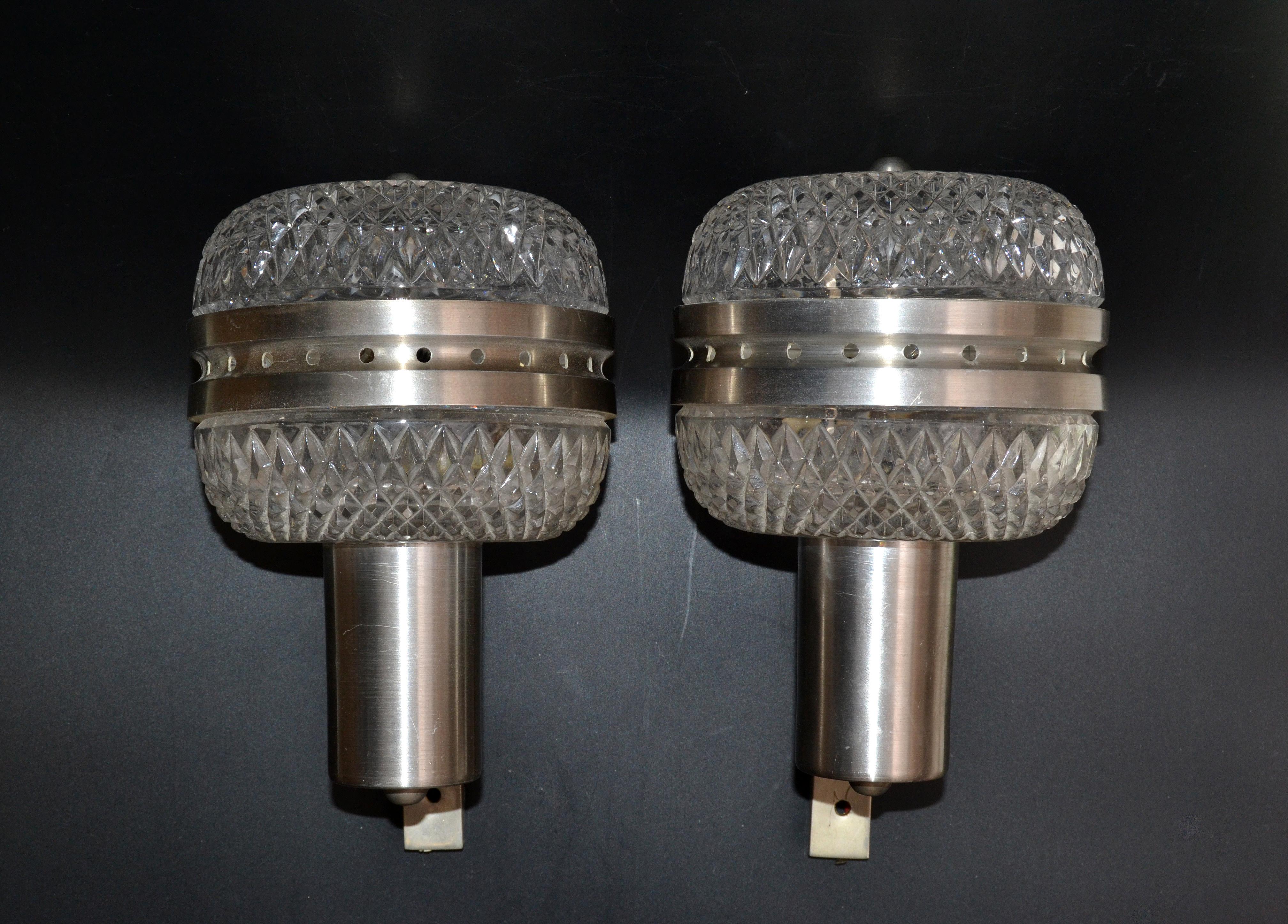 Crystal Mid-Century Modern Italian Brushed Stainless Steel & Cut Glass Sconces, Pair For Sale
