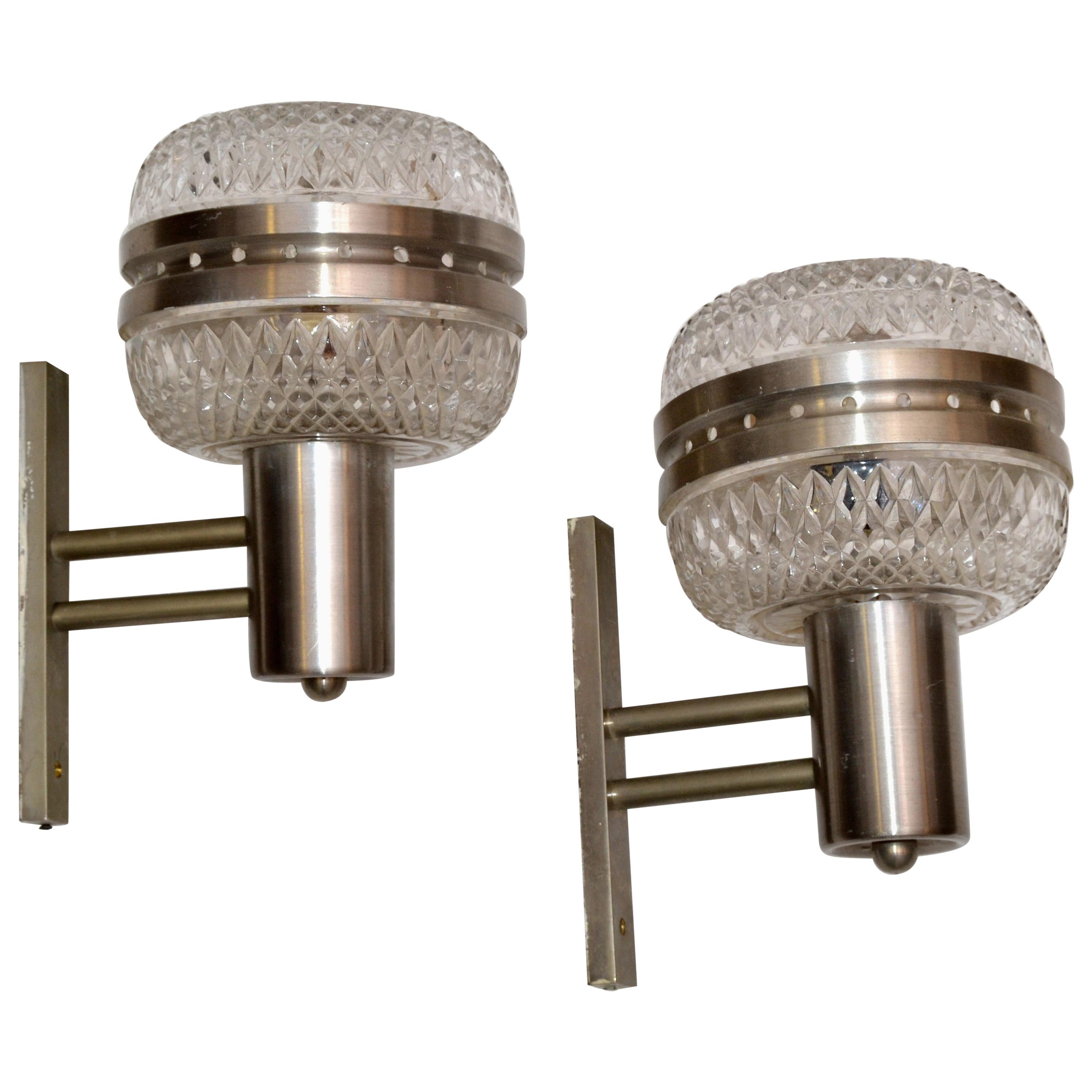 Mid-Century Modern Italian Brushed Stainless Steel & Cut Glass Sconces, Pair For Sale