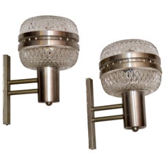 Retro Mid-Century Modern Italian Brushed Stainless Steel & Cut Glass Sconces, Pair