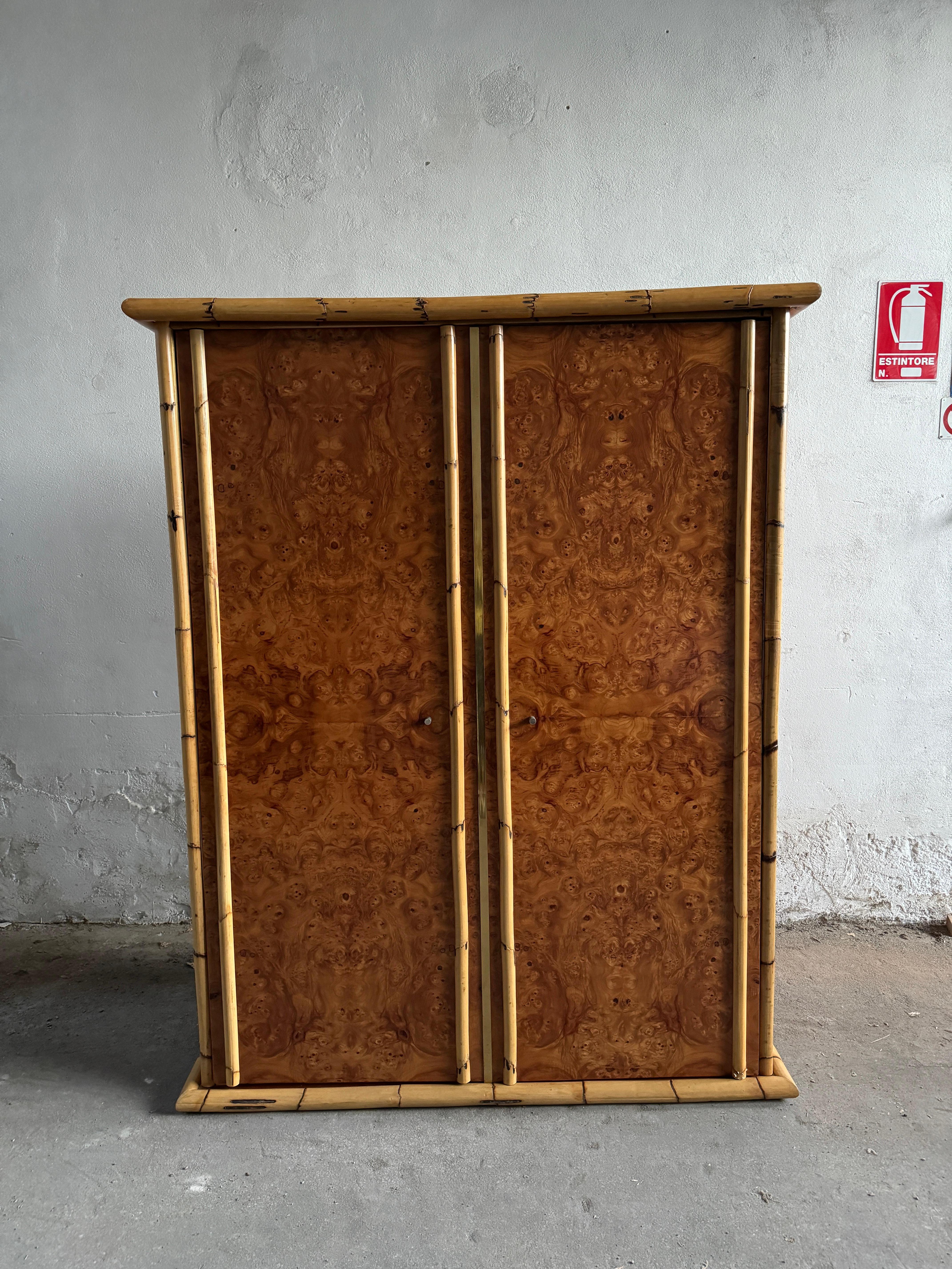 Mid-Century Modern Italian Burl and Bamboo Wardrobe with beautiful patina consisting with age and use. 1970s