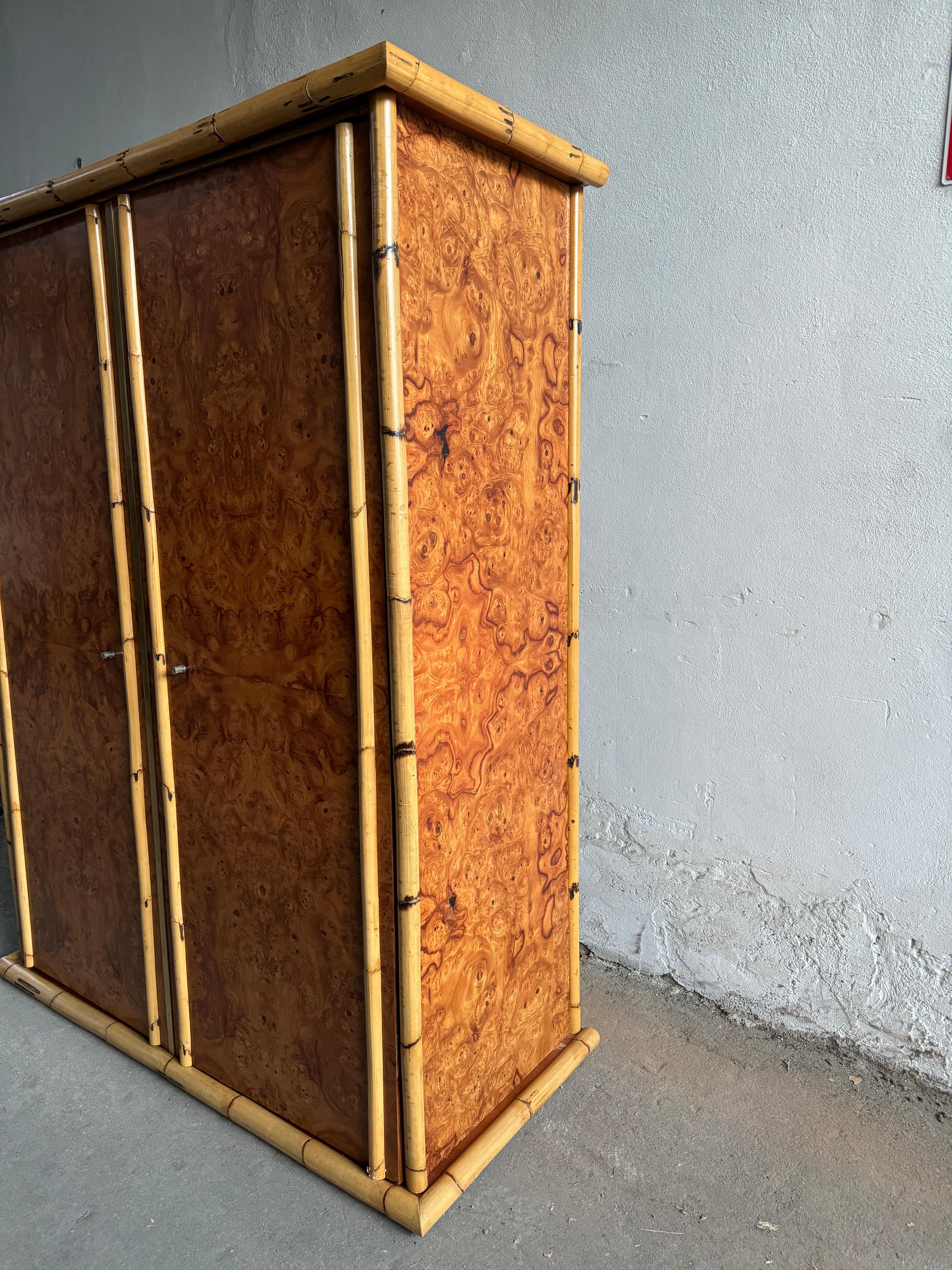 Late 20th Century Mid-Century Modern Italian Burl and Bamboo Wardrobe. 1970s