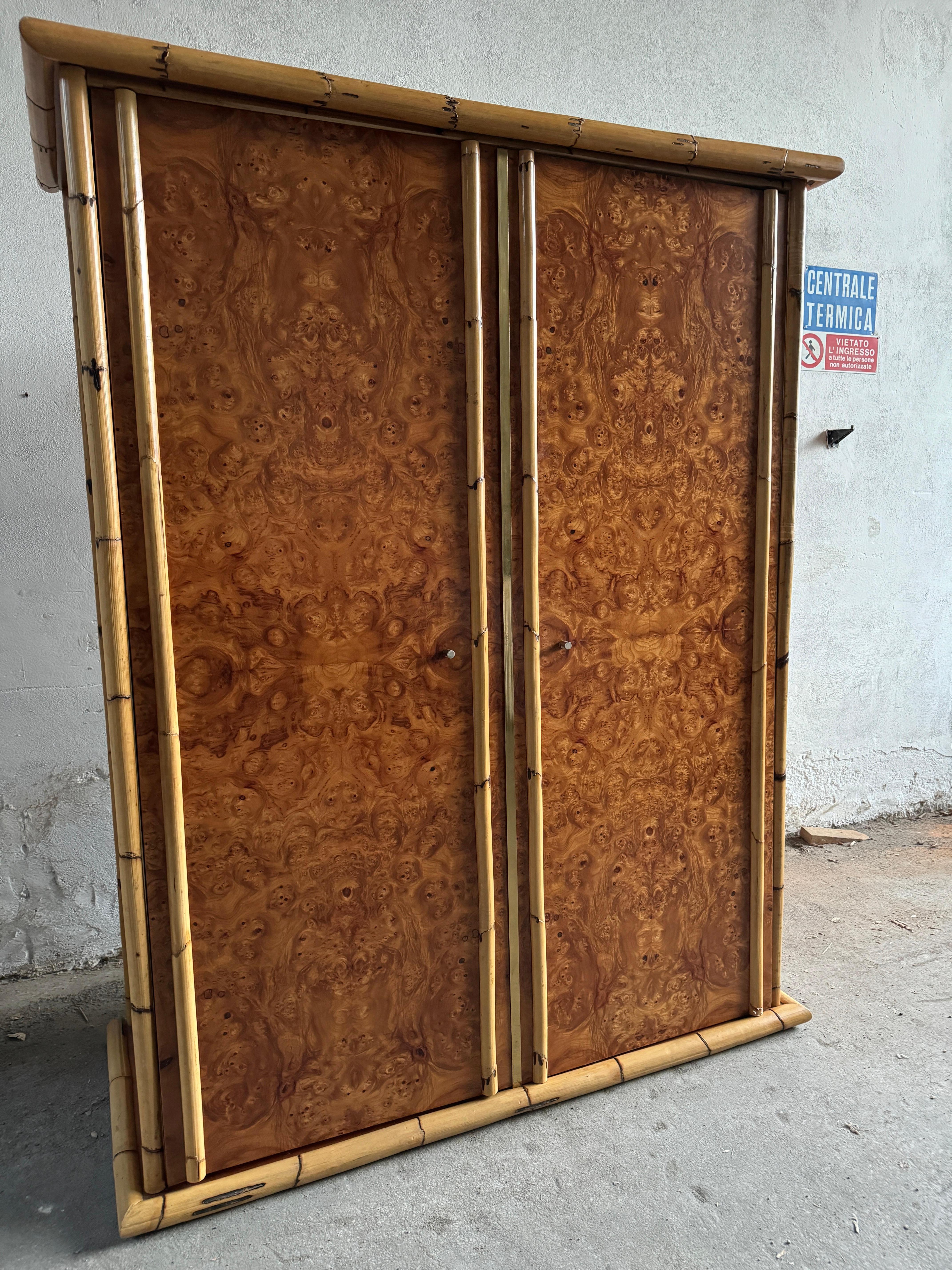 Mid-Century Modern Italian Burl and Bamboo Wardrobe. 1970s 1