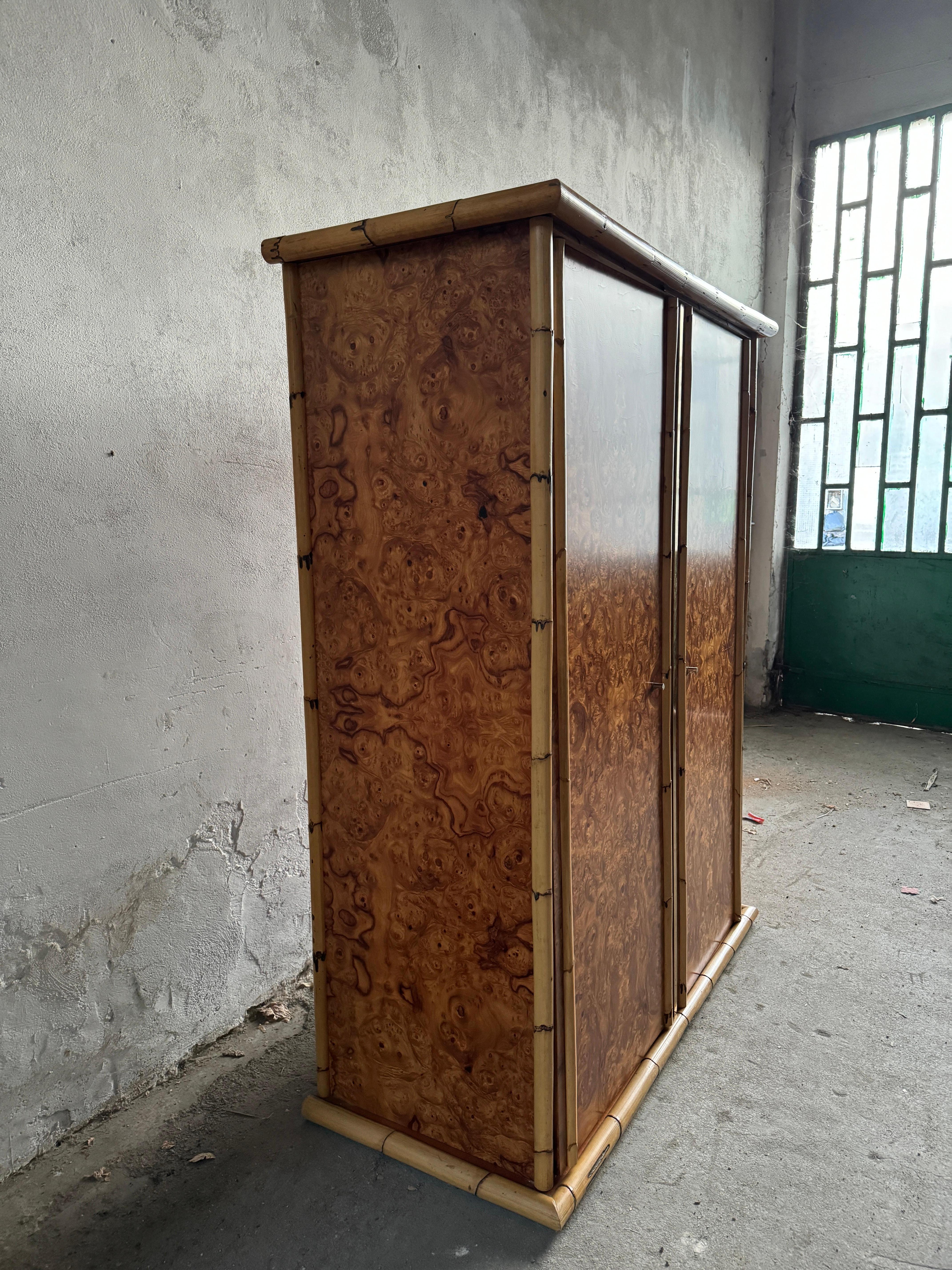 Mid-Century Modern Italian Burl and Bamboo Wardrobe. 1970s 3