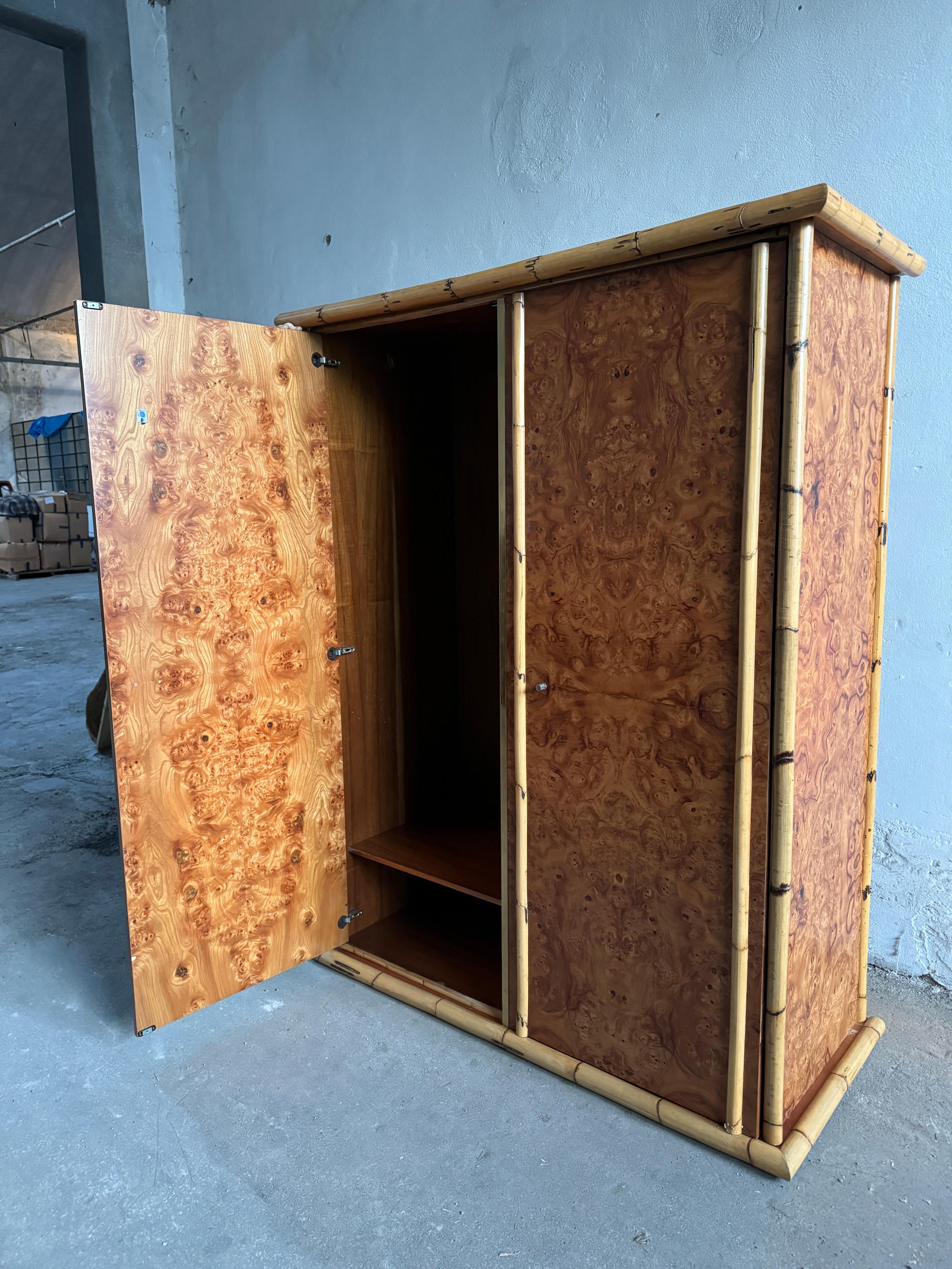Mid-Century Modern Italian Burl and Bamboo Wardrobe. 1970s 4