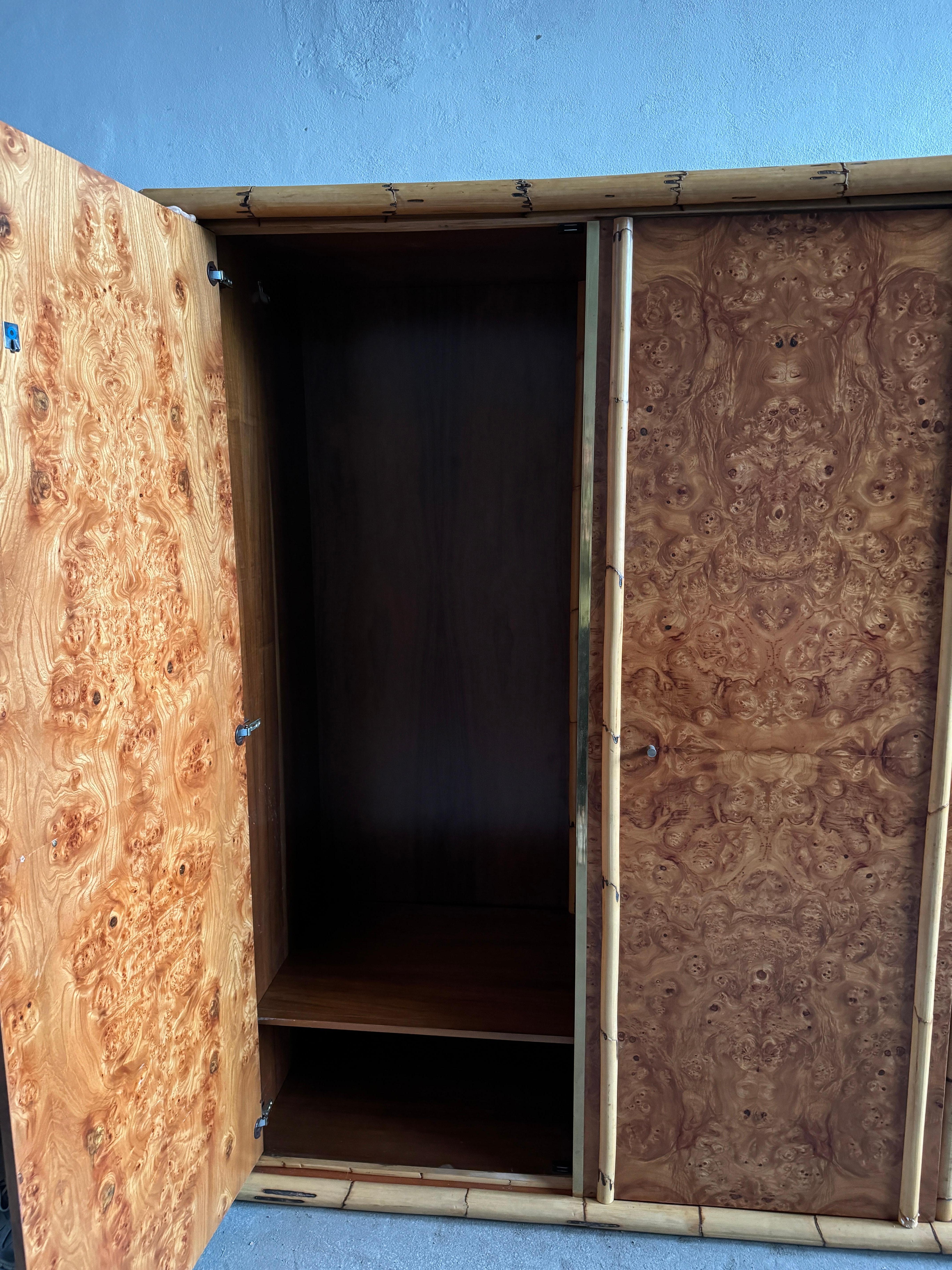 Mid-Century Modern Italian Burl and Bamboo Wardrobe. 1970s 5