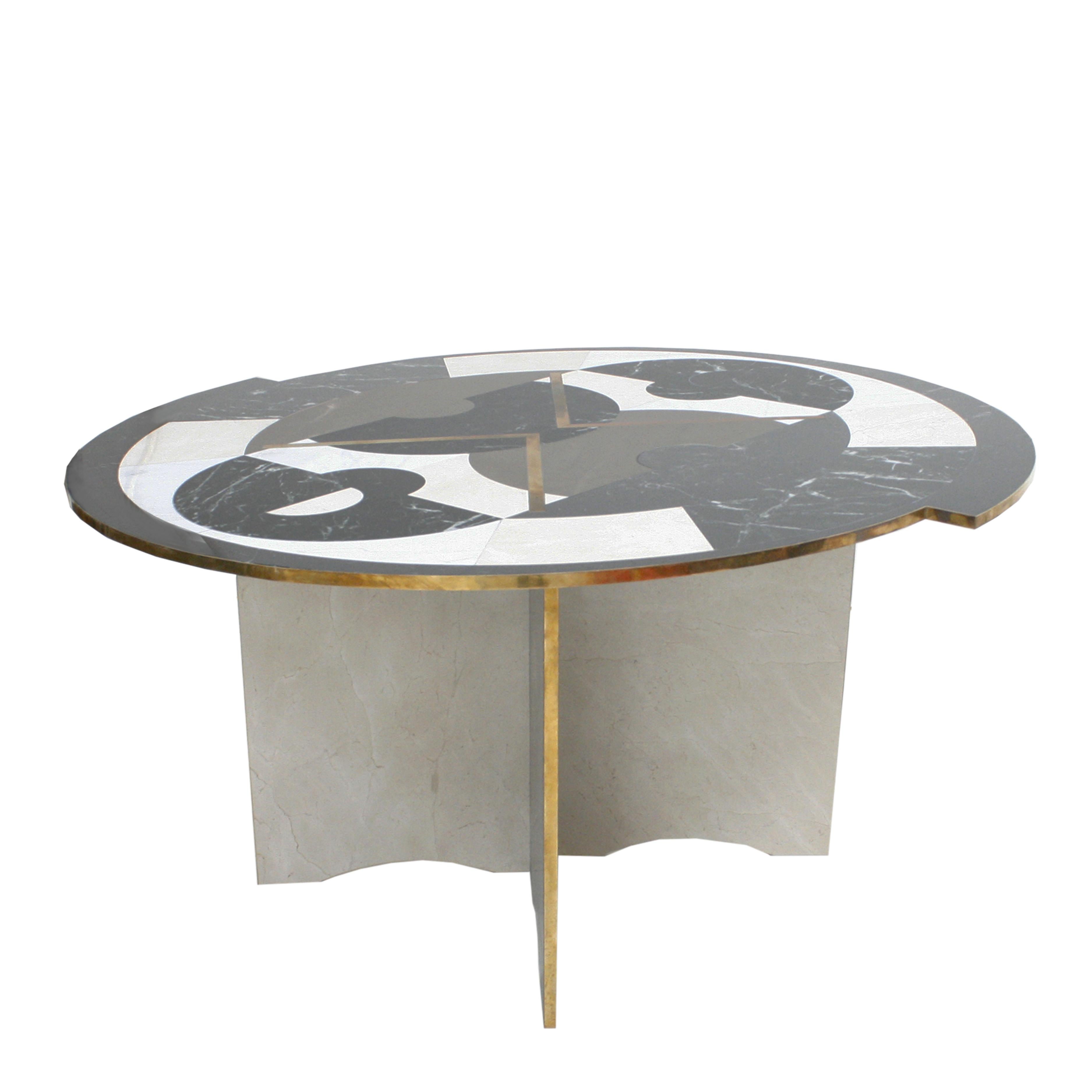 Italian round table designed and produced by L.A. Studio. Made of white, black and grey marble finished with brass details. Made in Italy. 

Our main target is customer satisfaction, so we include in the price for this item professional and custom