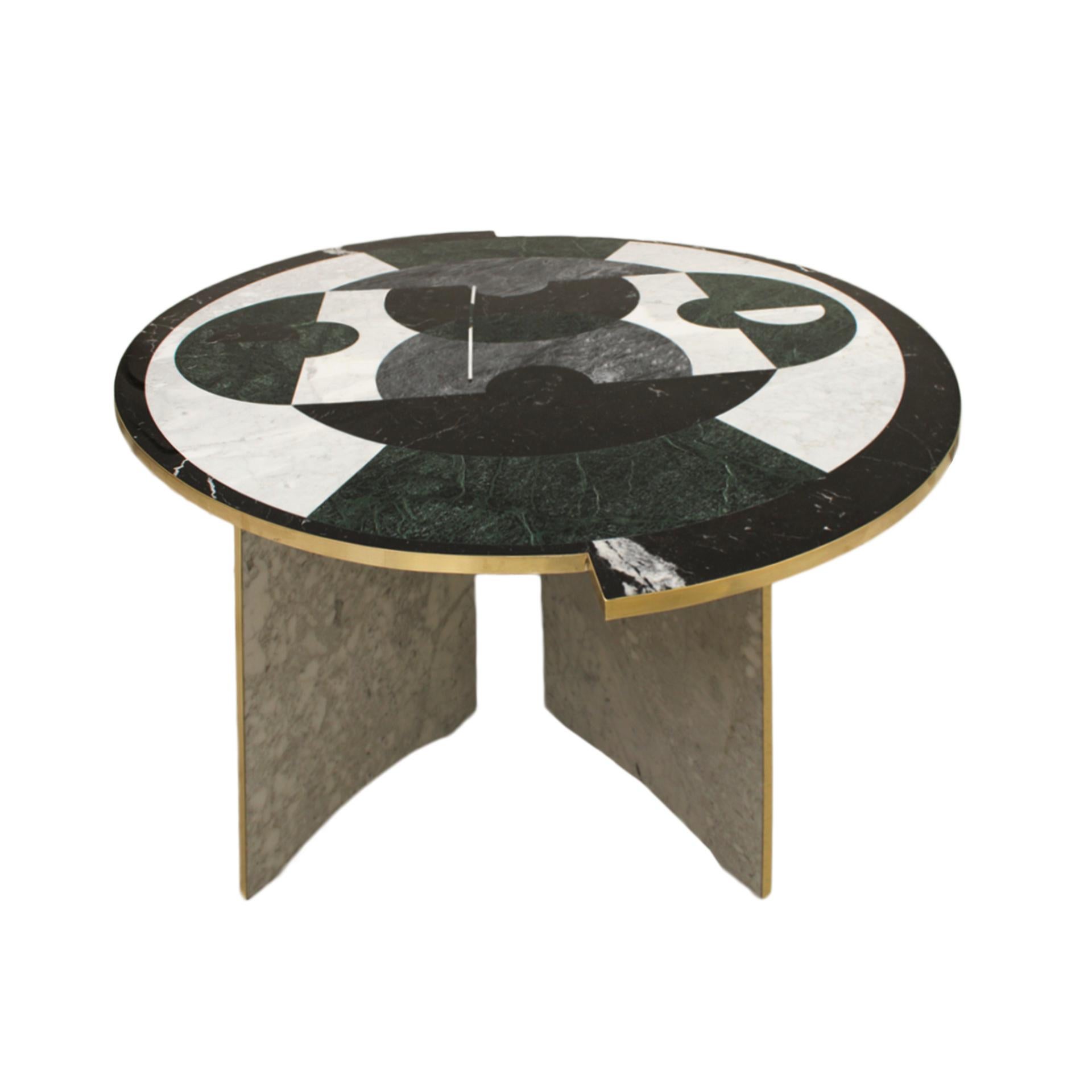 Mid century modern style round dining table / console table. Base composed of two sculptural pieces mixing different marbles and brass detaisl. Round top in white Carrara, black Marquina, Ruibina gray and India green marble. Designed by L.A. Studio.
