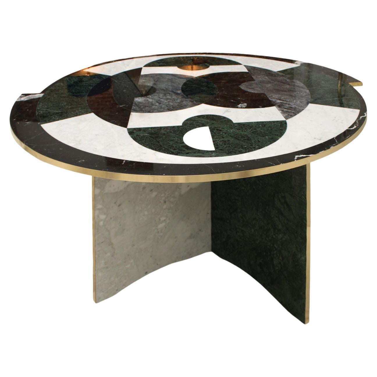 Table ronde italienne contemporaine en marqueterie de marbre Marbre et laiton rare en vente