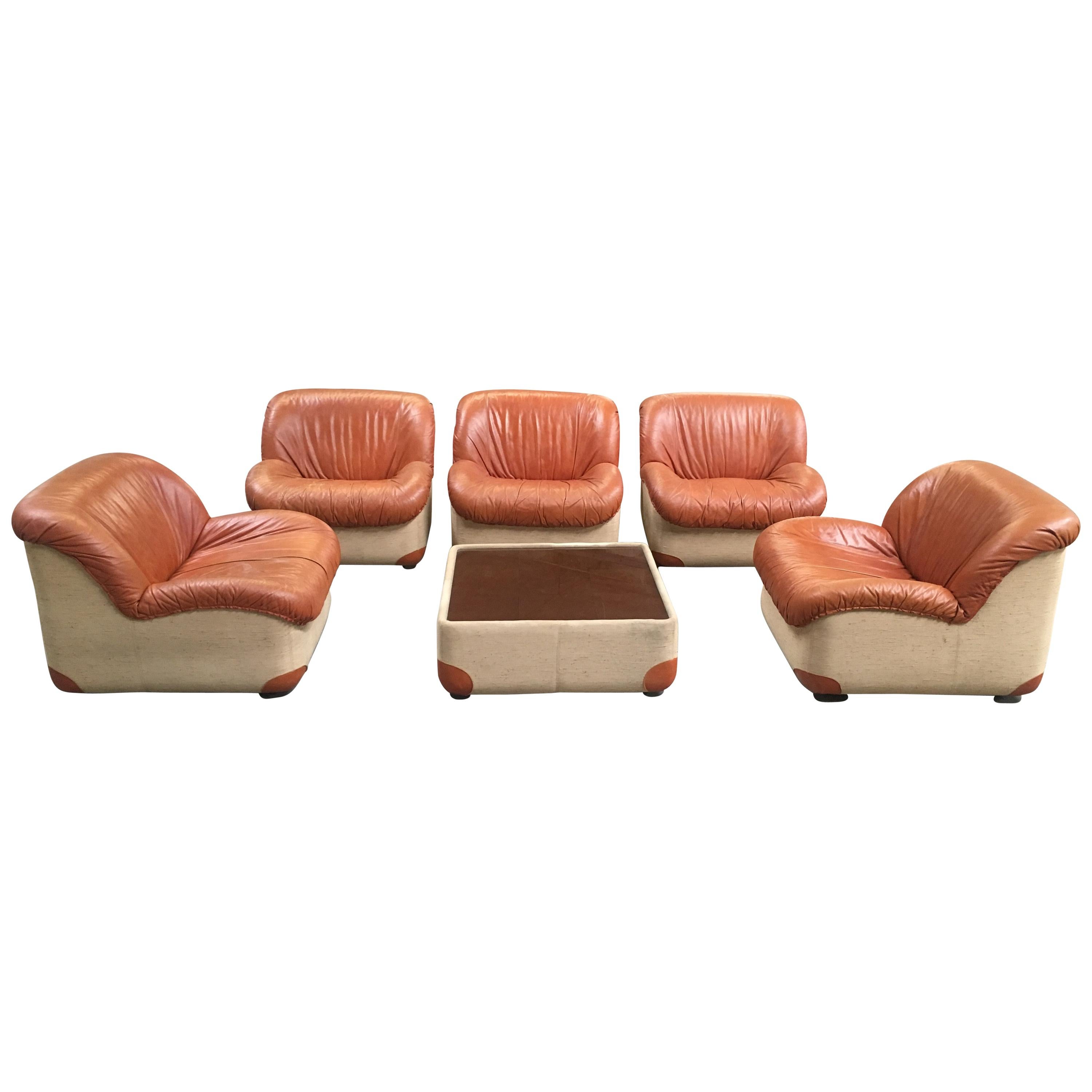 Mid-Century Modern Italian Canvas and Leather Living Room Set from 1970s