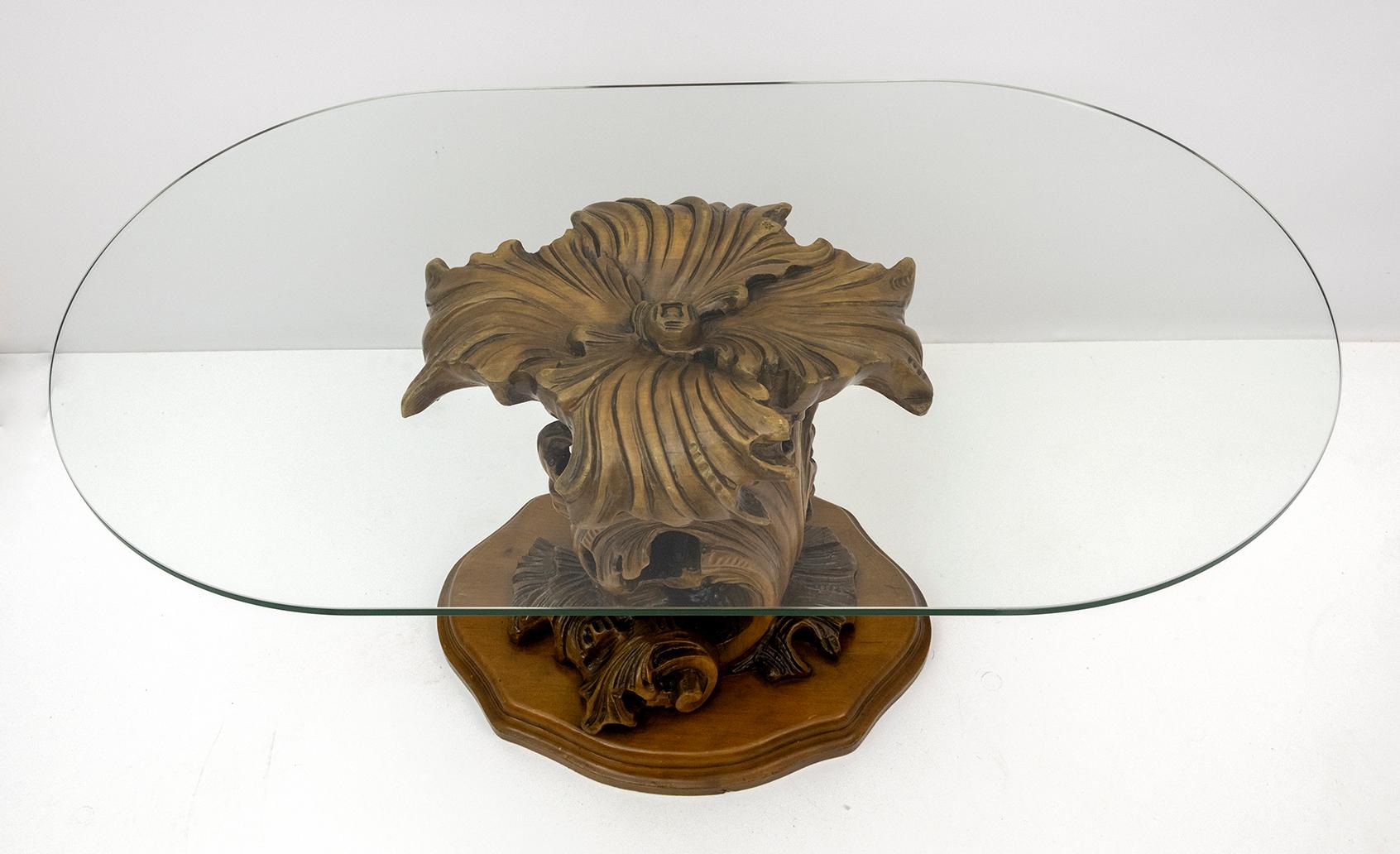 Mid-Century Modern Italian Carved Wood Base Large Curls and Leaves Coffee Table For Sale 5