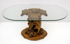 Mid-Century Modern Italian Carved Wood Base Large Curls and Leaves Coffee Table