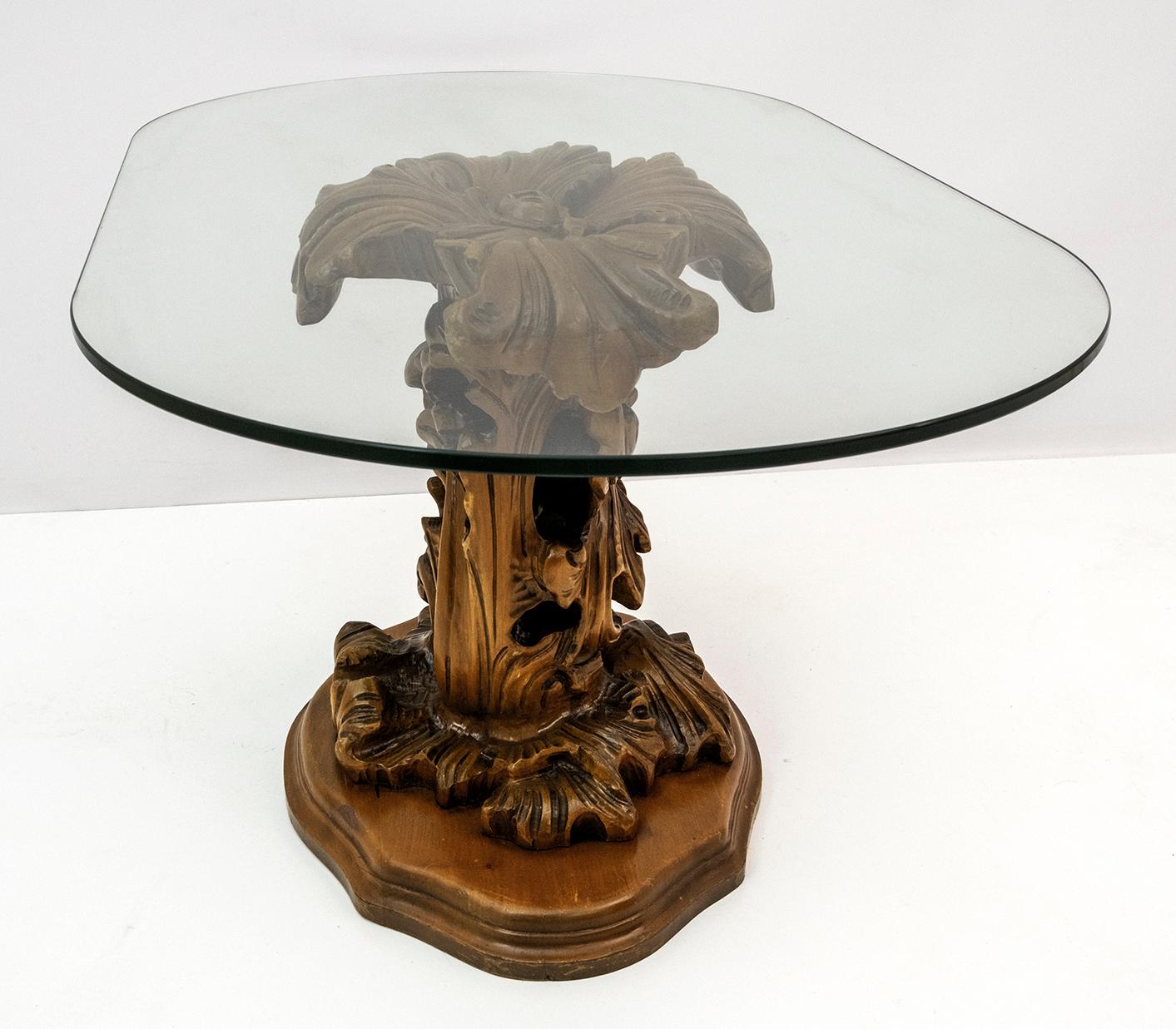 Mid-20th Century Mid-Century Modern Italian Carved Wood Base Large Curls and Leaves Coffee Table For Sale