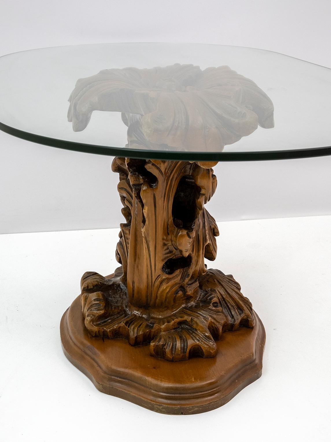 Crystal Mid-Century Modern Italian Carved Wood Base Large Curls and Leaves Coffee Table For Sale
