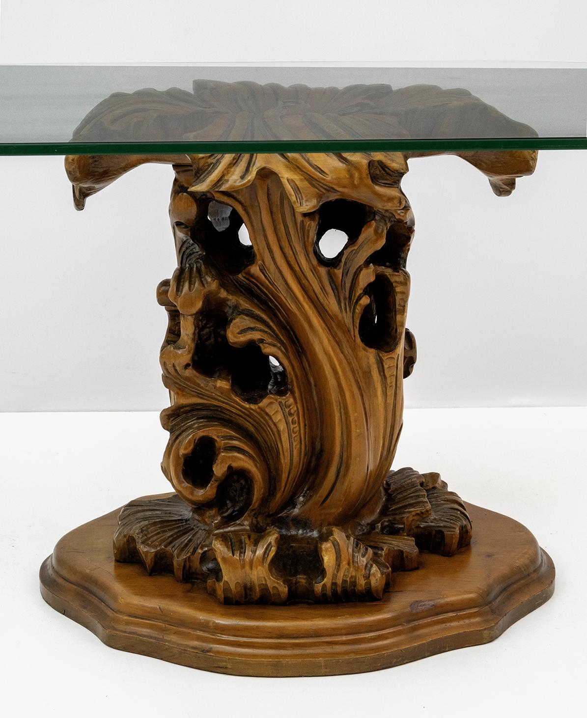Mid-Century Modern Italian Carved Wood Base Large Curls and Leaves Coffee Table For Sale 2