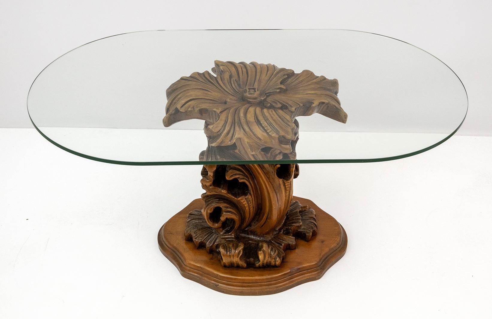 Mid-Century Modern Italian Carved Wood Base Large Curls and Leaves Coffee Table For Sale 4