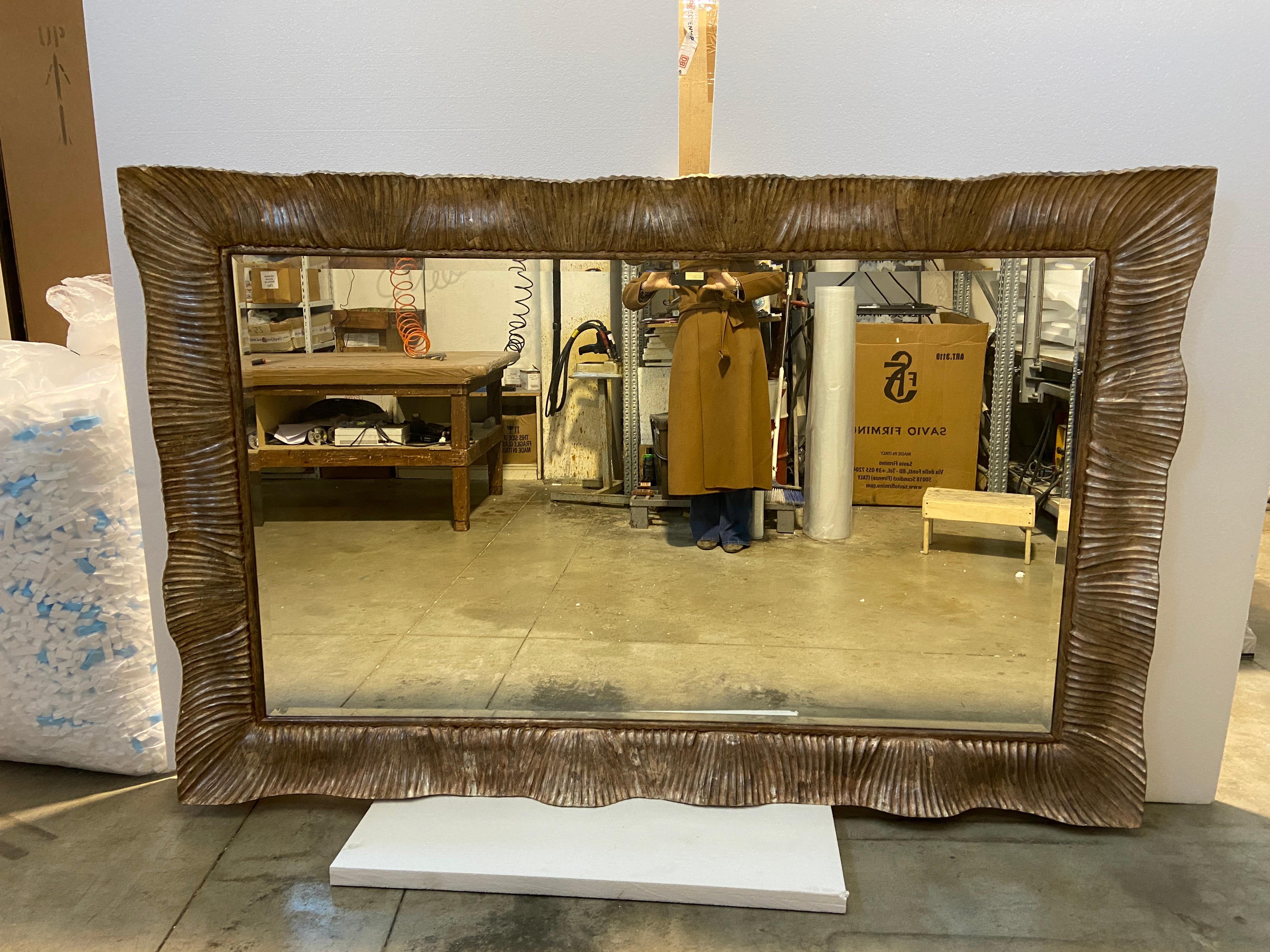 Silvered Mid-Century Modern Italian Carved Wood with Antiqued Silver Leaf Framed Mirror