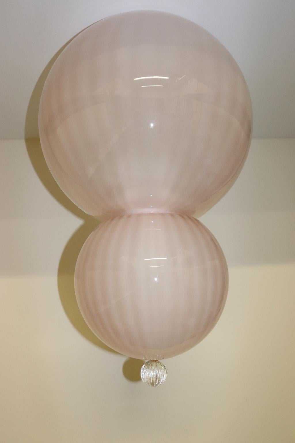 Hand-Crafted Mid-Century Modern Italian Ceiling Lamp Murano Rose Glass with Crystal Accent For Sale