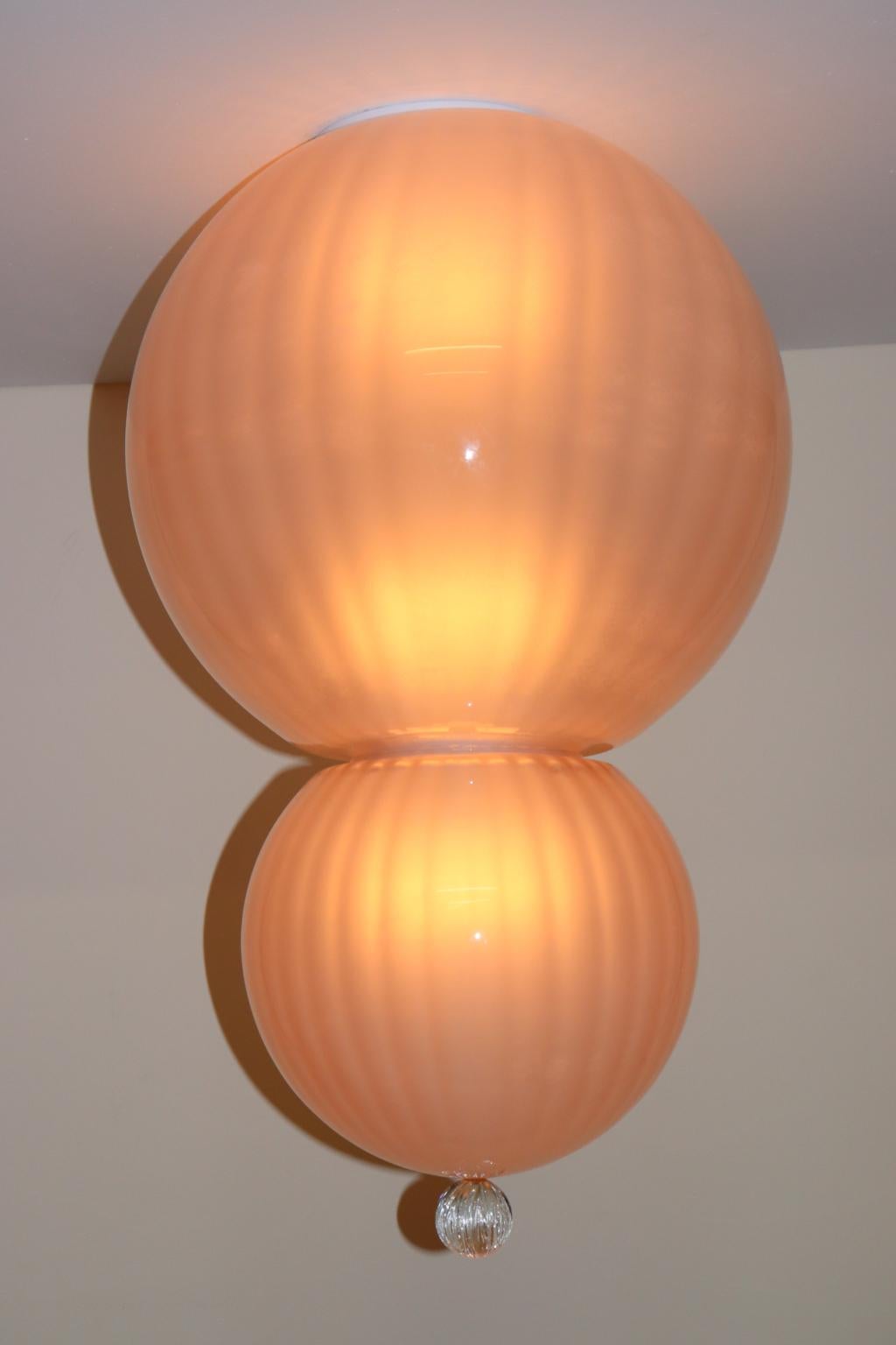 Mid-Century Modern Italian Ceiling Lamp Murano Rose Glass with Crystal Accent In Excellent Condition For Sale In Saddle Brook , NJ
