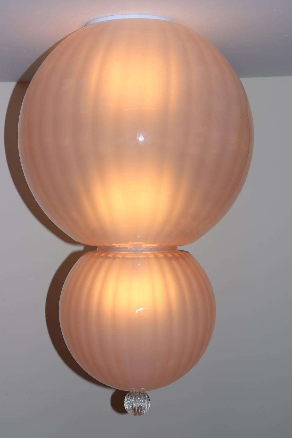Mid-Century Modern Italian Ceiling Lamp Murano Rose Glass with Crystal Accent For Sale 2