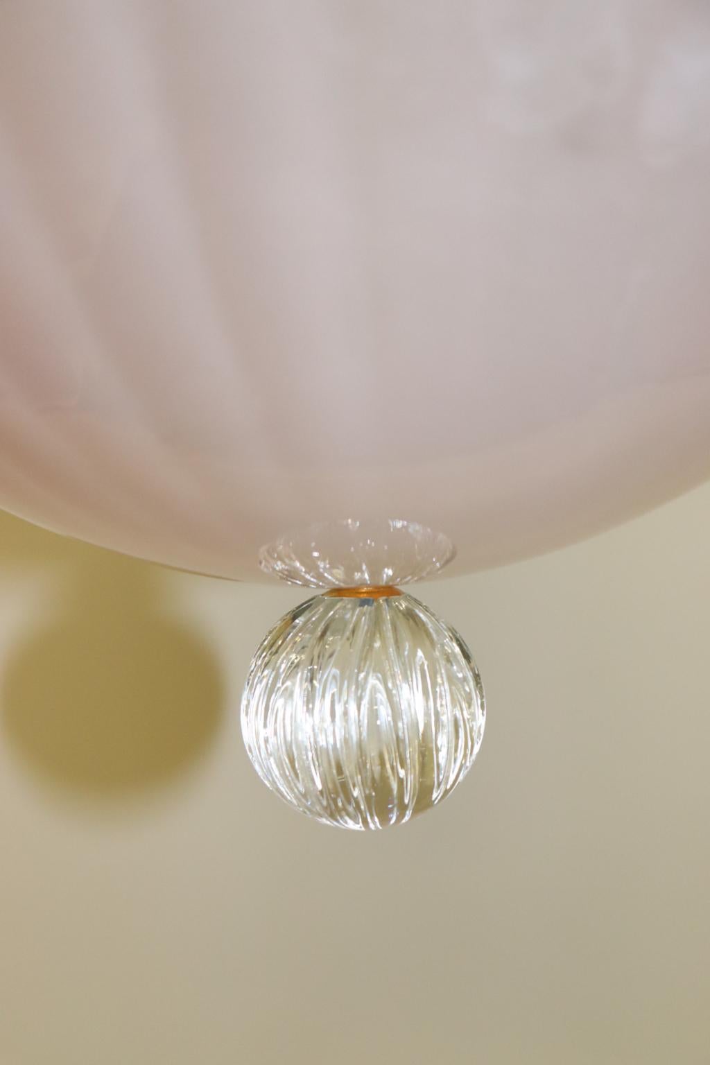 Mid-Century Modern Italian Ceiling Lamp Murano Rose Glass with Crystal Accent For Sale 3