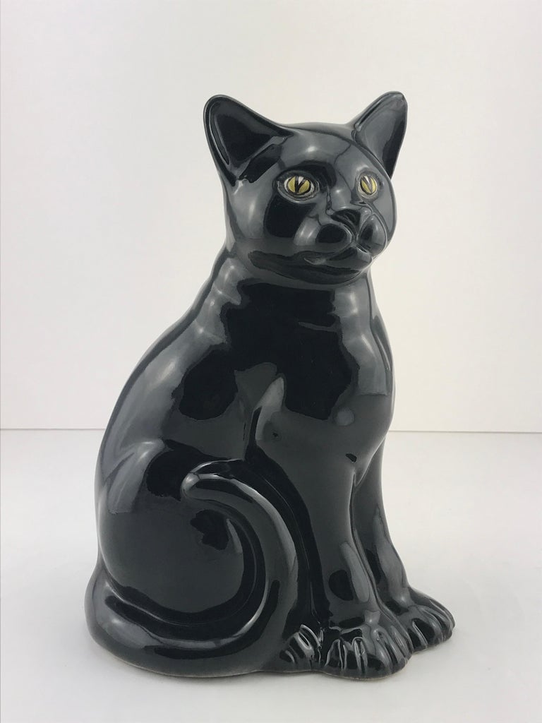 Glazed Mid-Century Modern Italian Ceramic Decorative Black Cat, 1960s