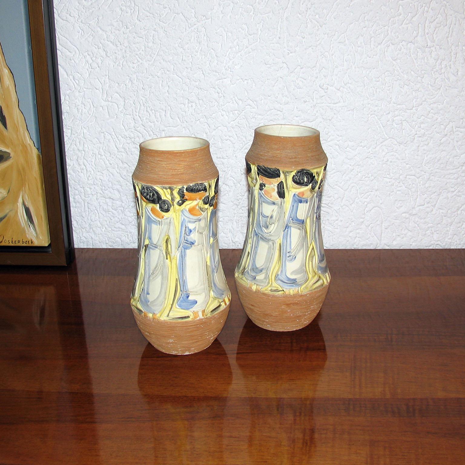 Glazed Mid-Century Modern Italian Ceramic Pair of Vases by Fratelli Fanciullacci For Sale