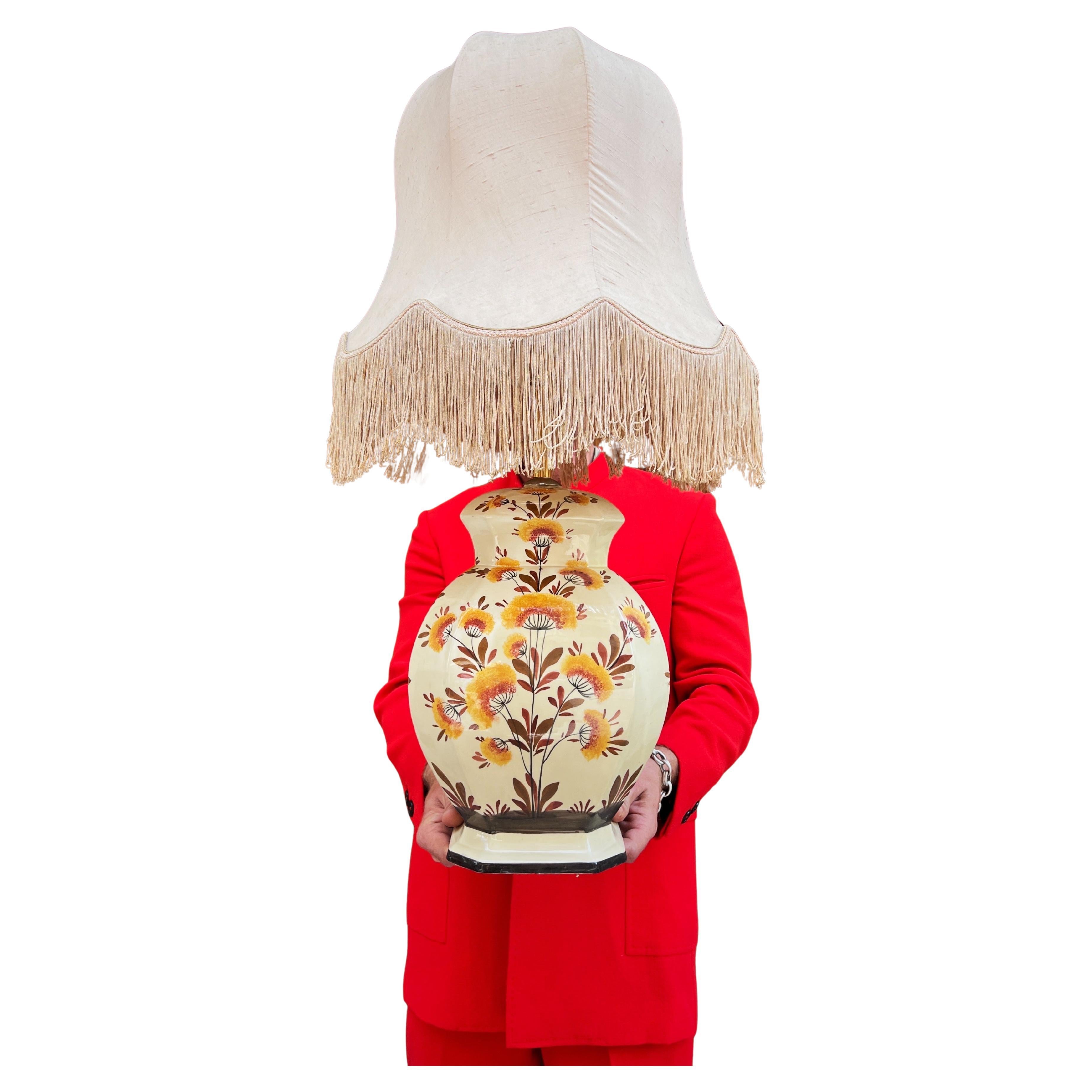 Mid Century Modern Italian Ceramic Table Lamp Floral Decor 1960s Edwards For Sale
