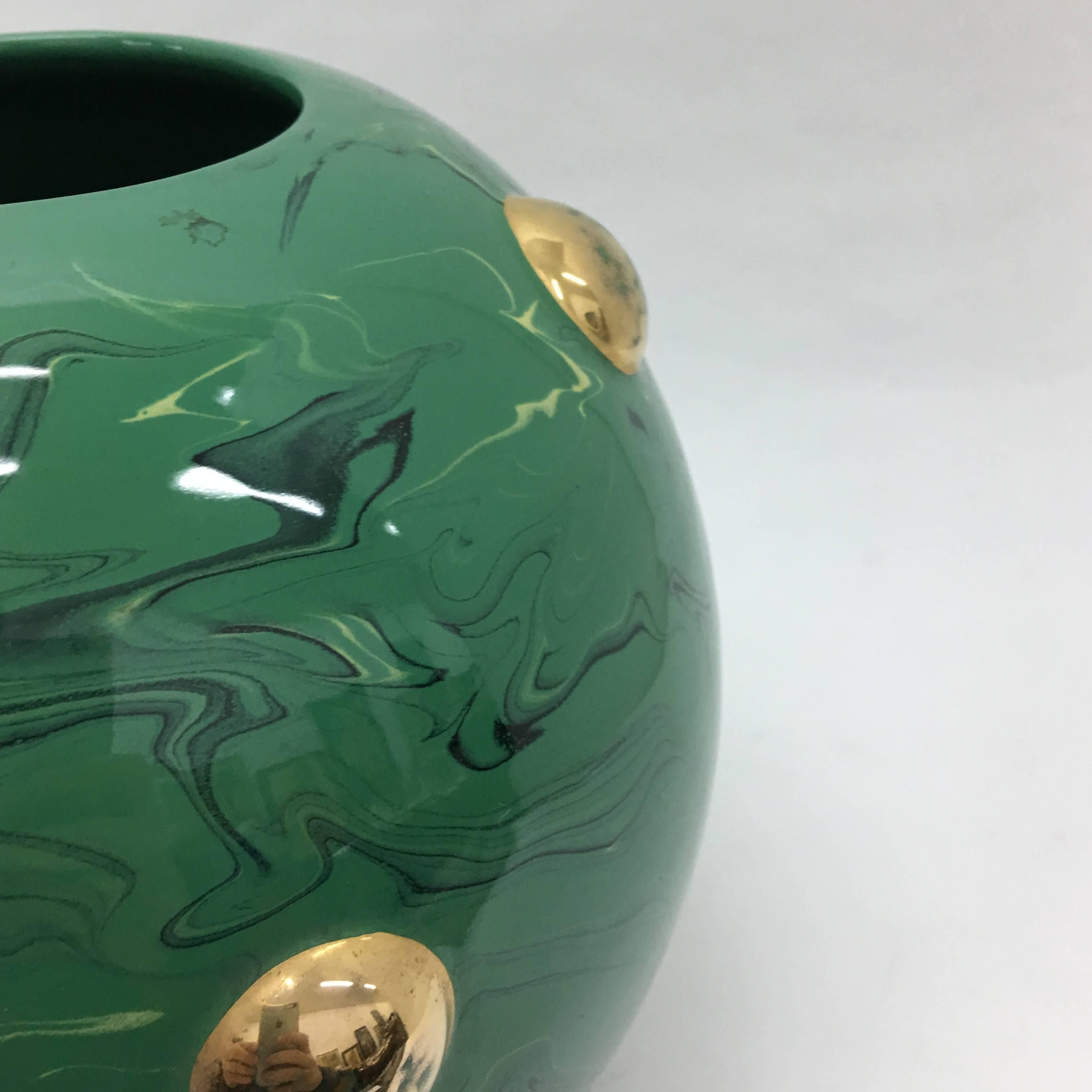 Hand-Painted Batignani Mid-Century Modern Italian Green Ceramic Round Vase circa 1950