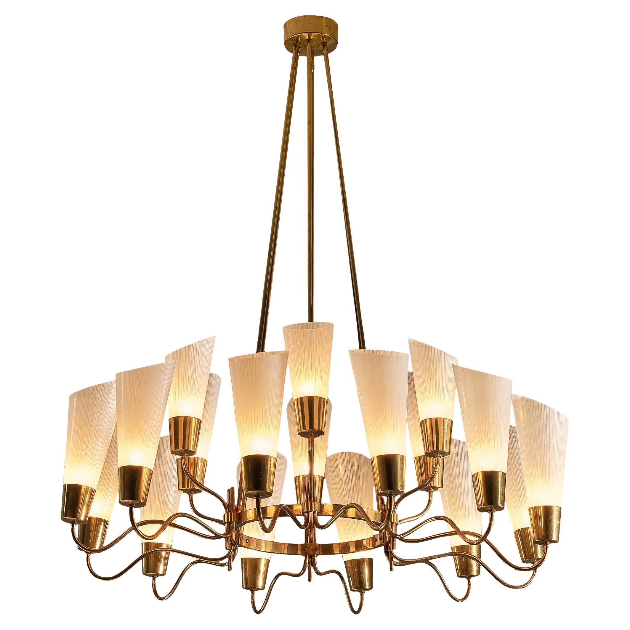 Mid-Century Modern Italian Chandelier in Brass and White Frosted Glass