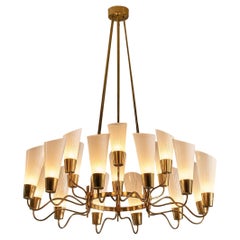 Mid-Century Modern Italian Chandelier in Brass and White Frosted Glass