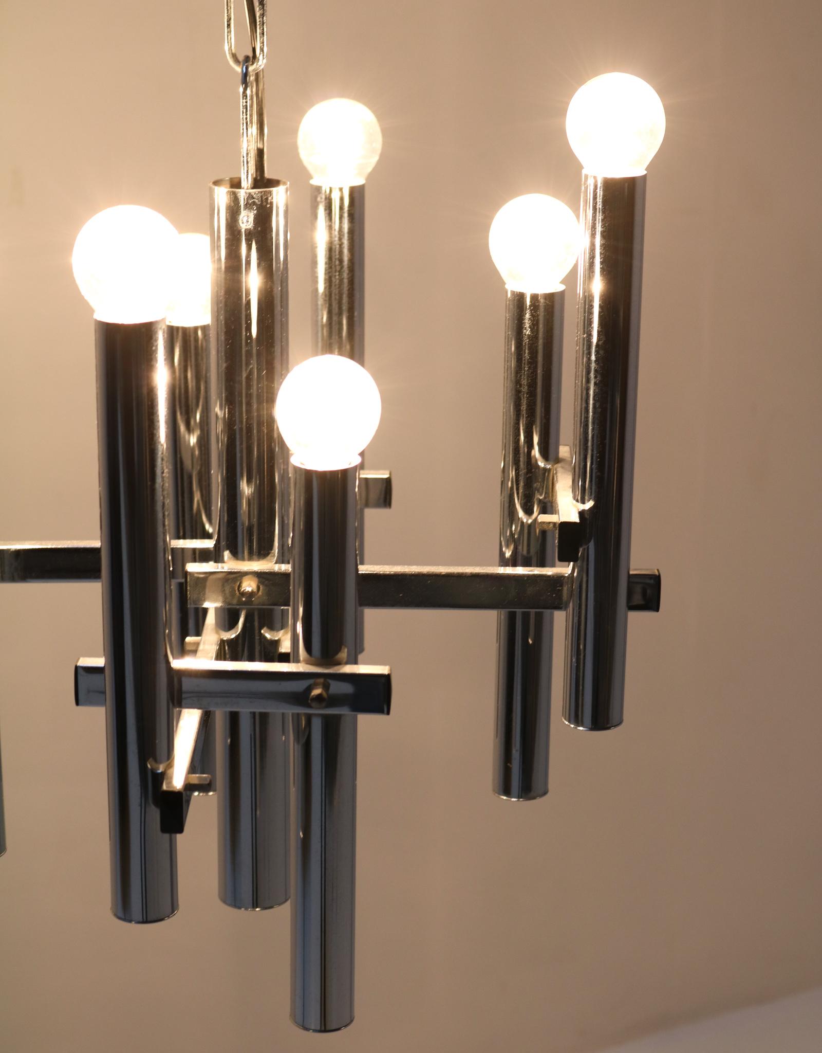 Chrome  Mid-Century Modern Italian Chandelier in the style of Gaetano Sciolari For Sale