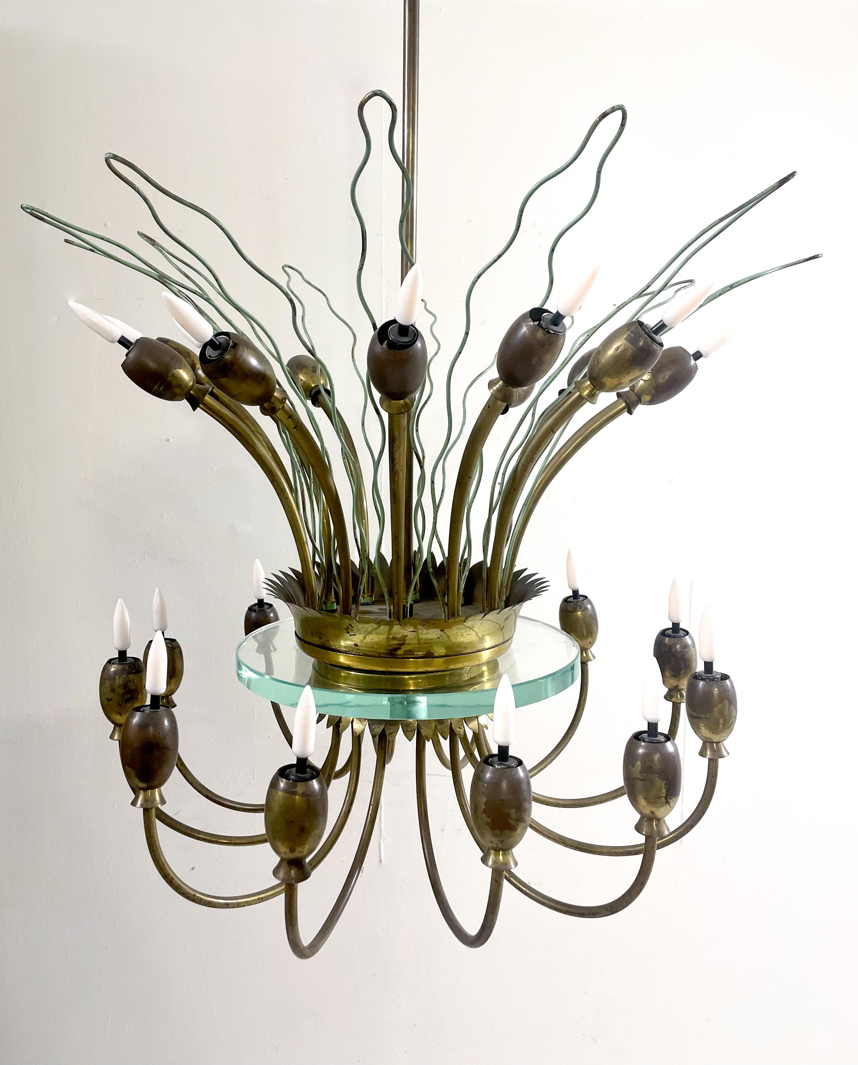 Mid-Century Modern Italian Chandelier, Metal Brass and Glass, Italy, 1950s In Good Condition For Sale In Brussels, BE