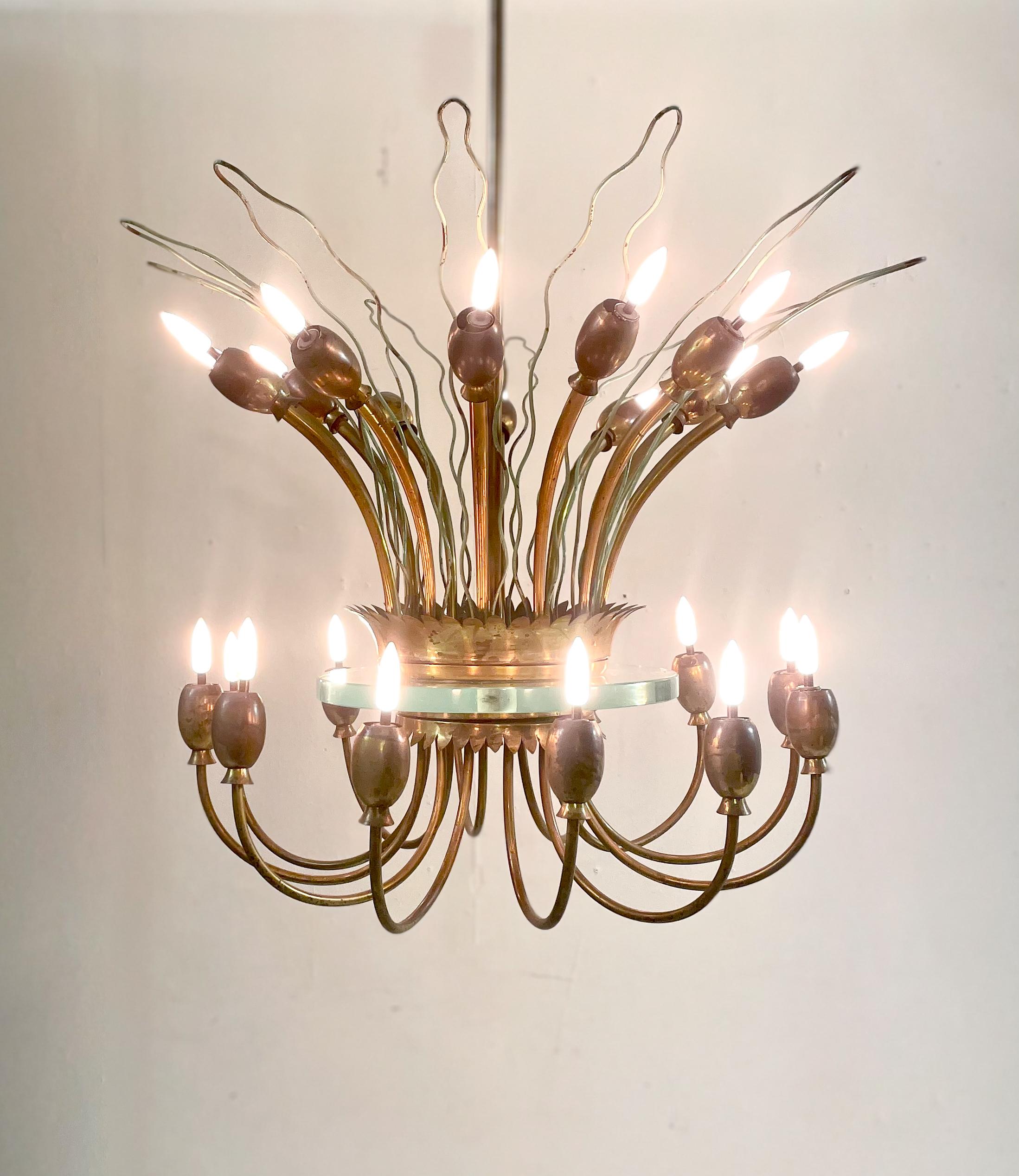 Mid-Century Modern Italian Chandelier, Metal Brass and Glass, Italy, 1950s For Sale 1
