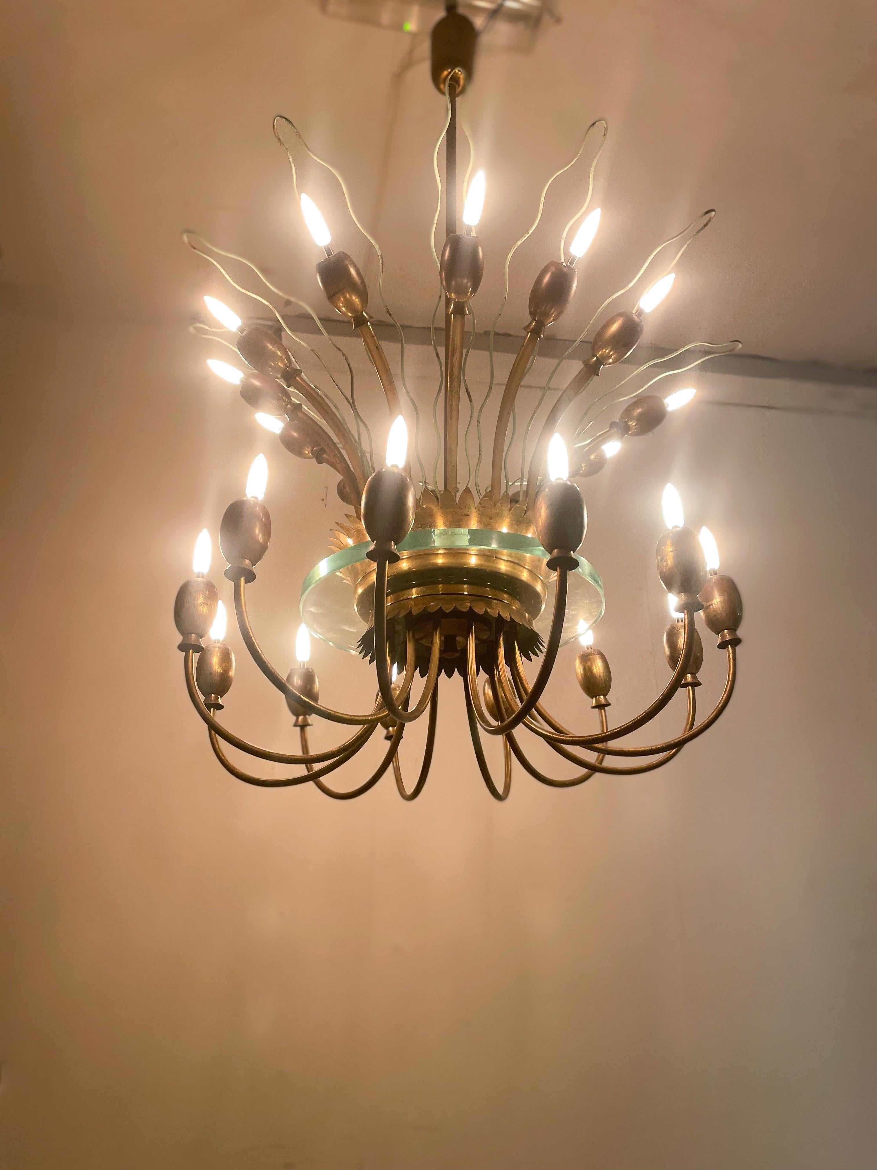 Mid-Century Modern Italian Chandelier, Metal Brass and Glass, Italy, 1950s For Sale 2