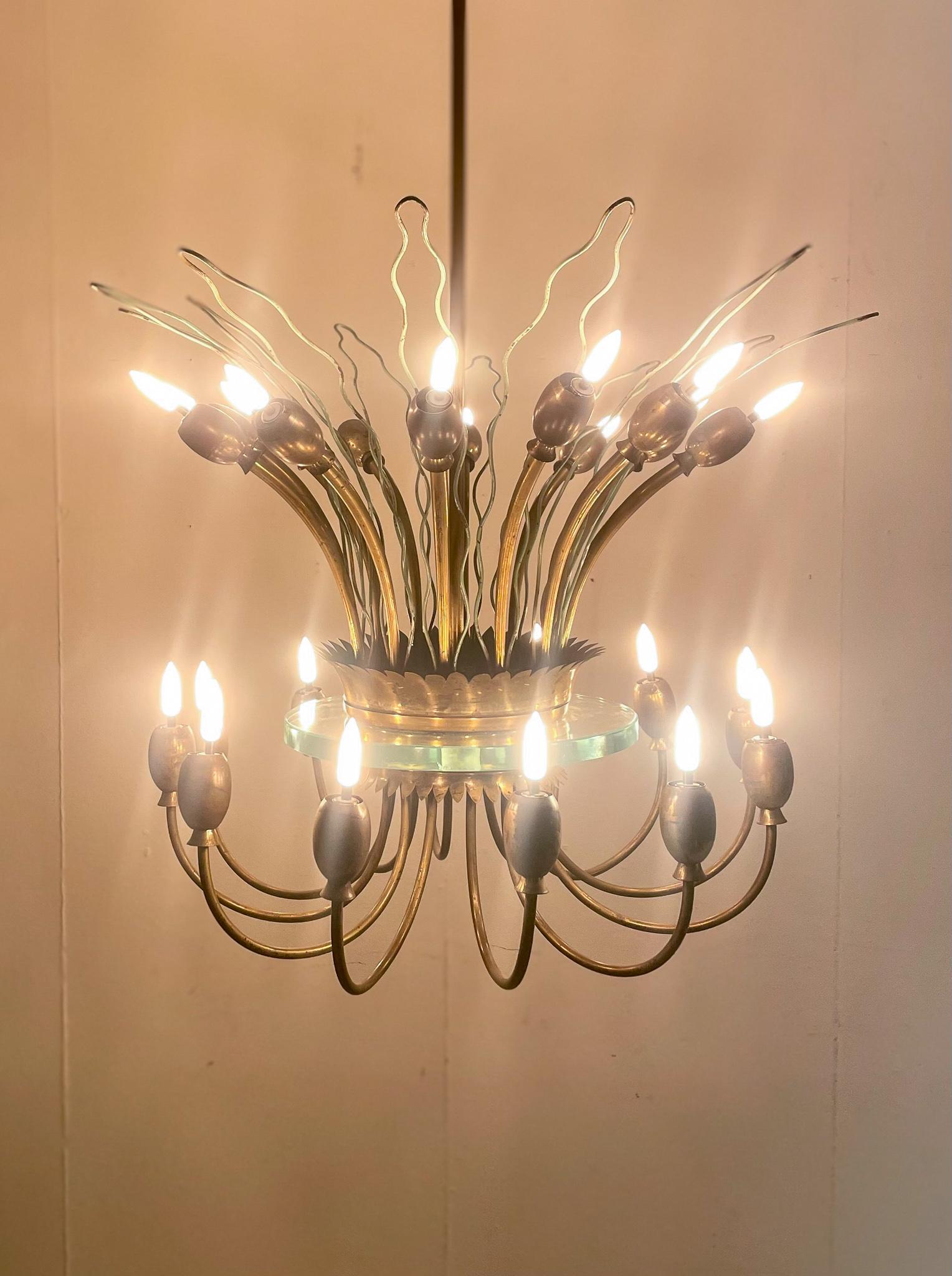 Mid-Century Modern Italian Chandelier, Metal Brass and Glass, Italy, 1950s For Sale 3