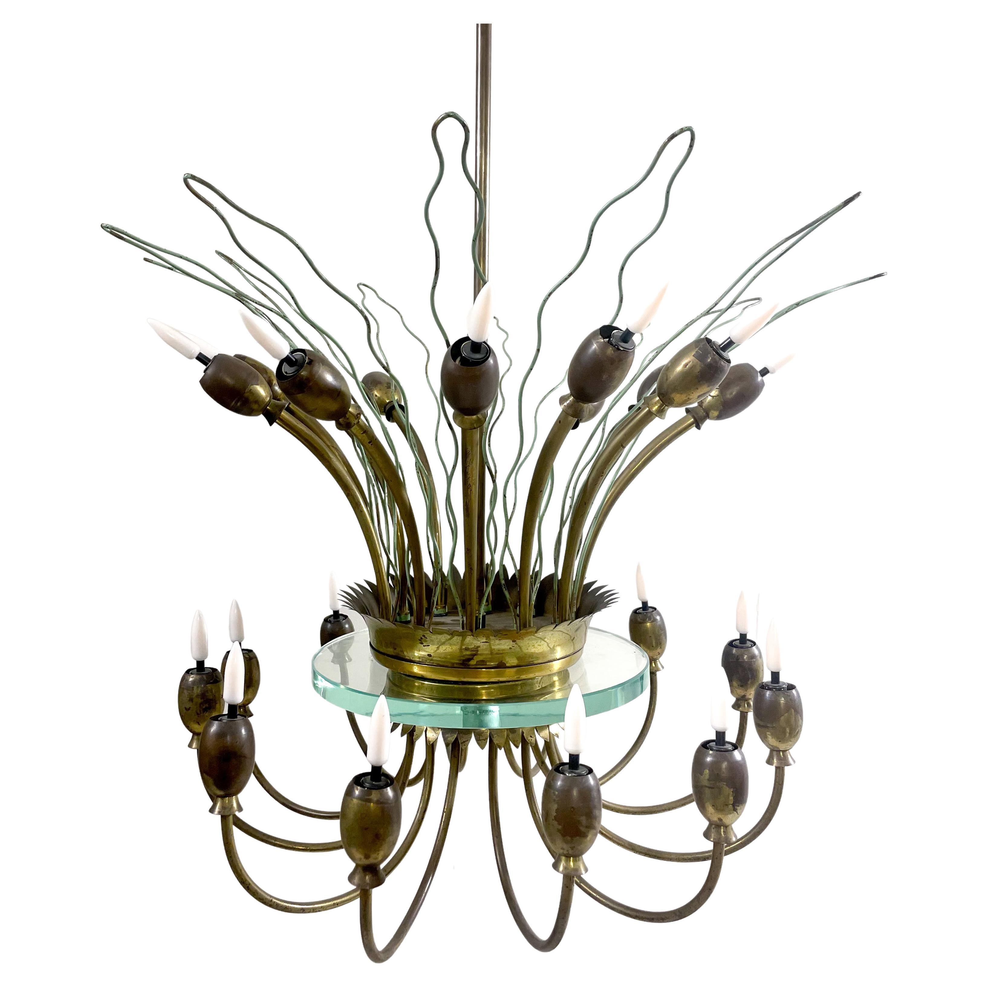 Mid-Century Modern Italian Chandelier, Metal Brass and Glass, Italy, 1950s For Sale